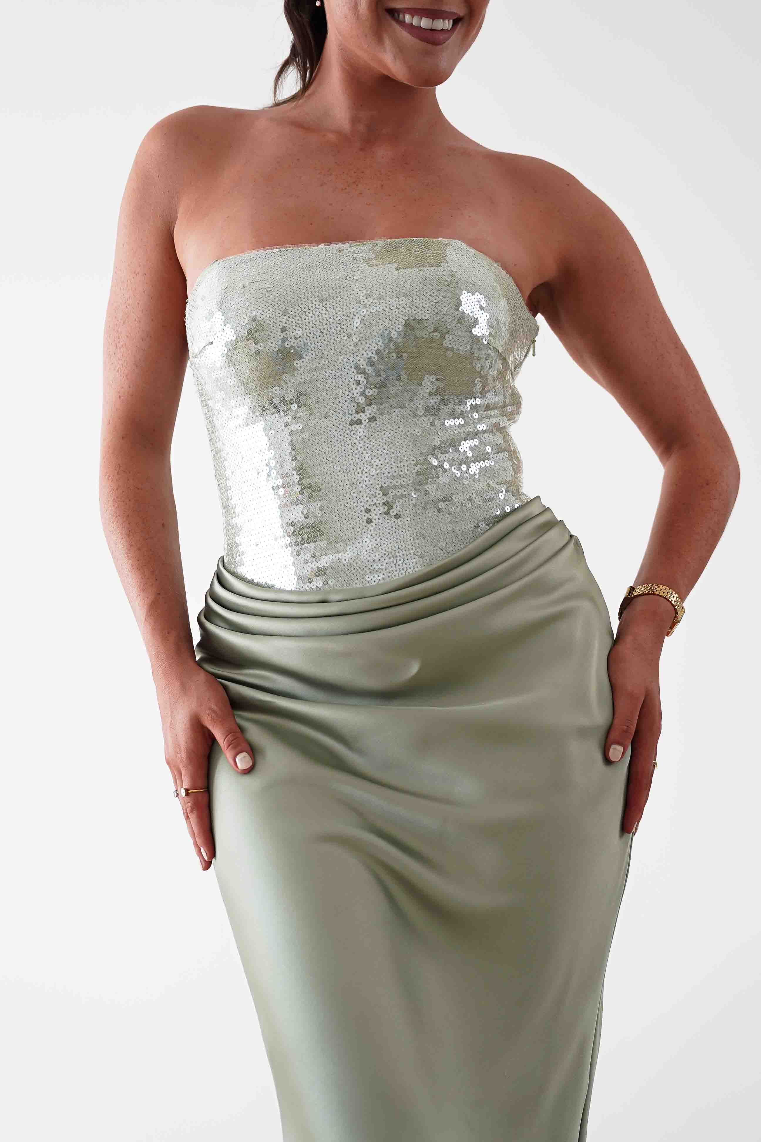 Oh Hello Clothing Dresses > Prom Dresses Sienne Strapless Sequin Satin Maxi Dress | Sage