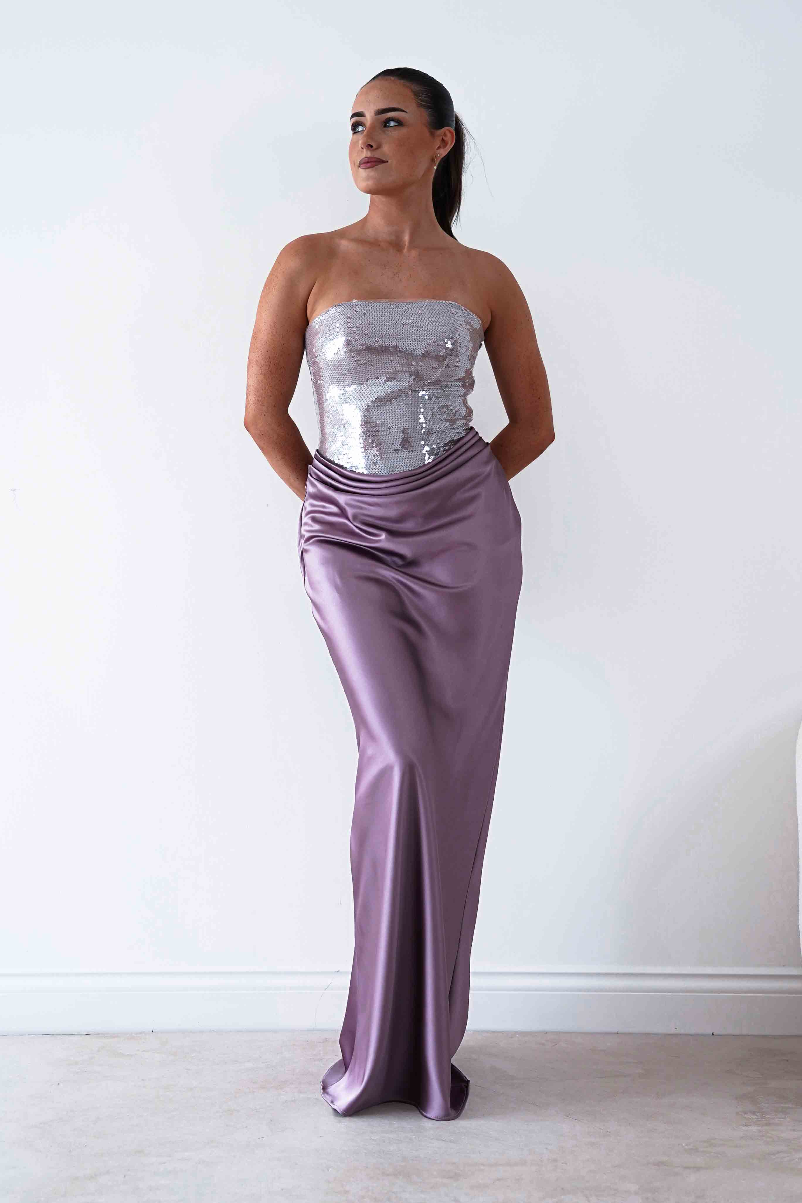 Oh Hello Clothing Dresses > Prom Dresses Sienne Strapless Sequin Satin Maxi Dress | Taupe