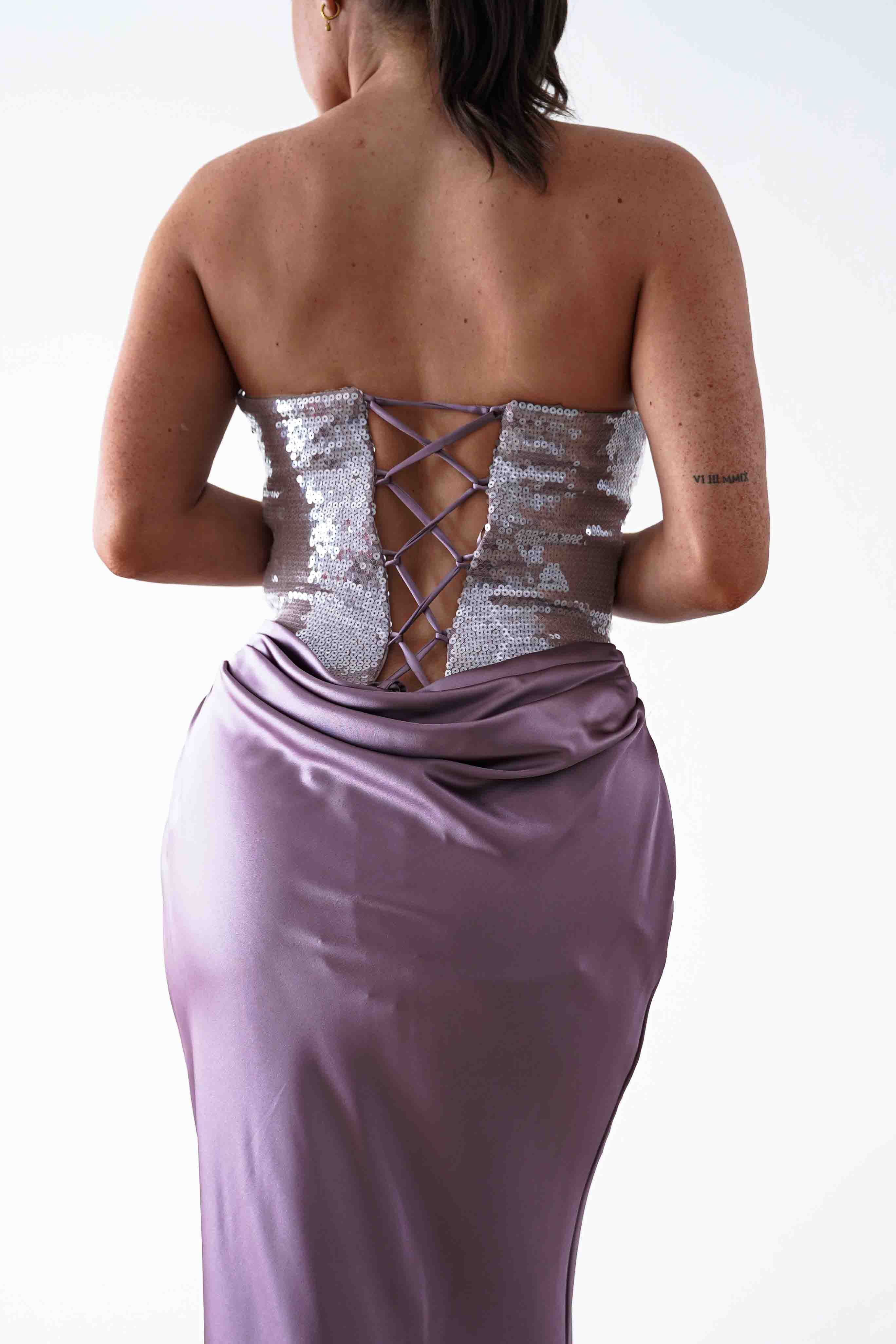 Oh Hello Clothing Dresses > Prom Dresses Sienne Strapless Sequin Satin Maxi Dress | Taupe