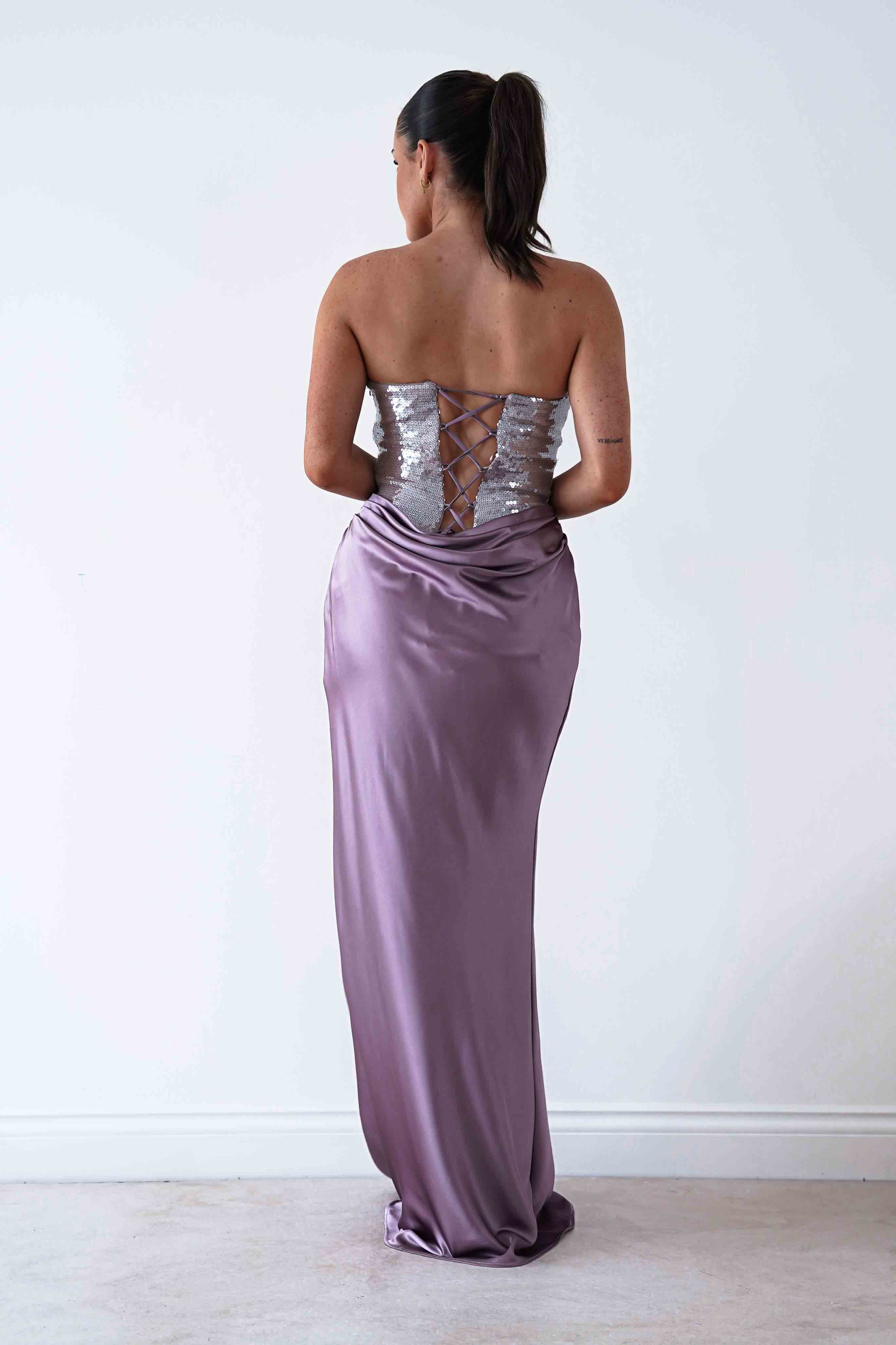 Oh Hello Clothing Dresses > Prom Dresses Sienne Strapless Sequin Satin Maxi Dress | Taupe