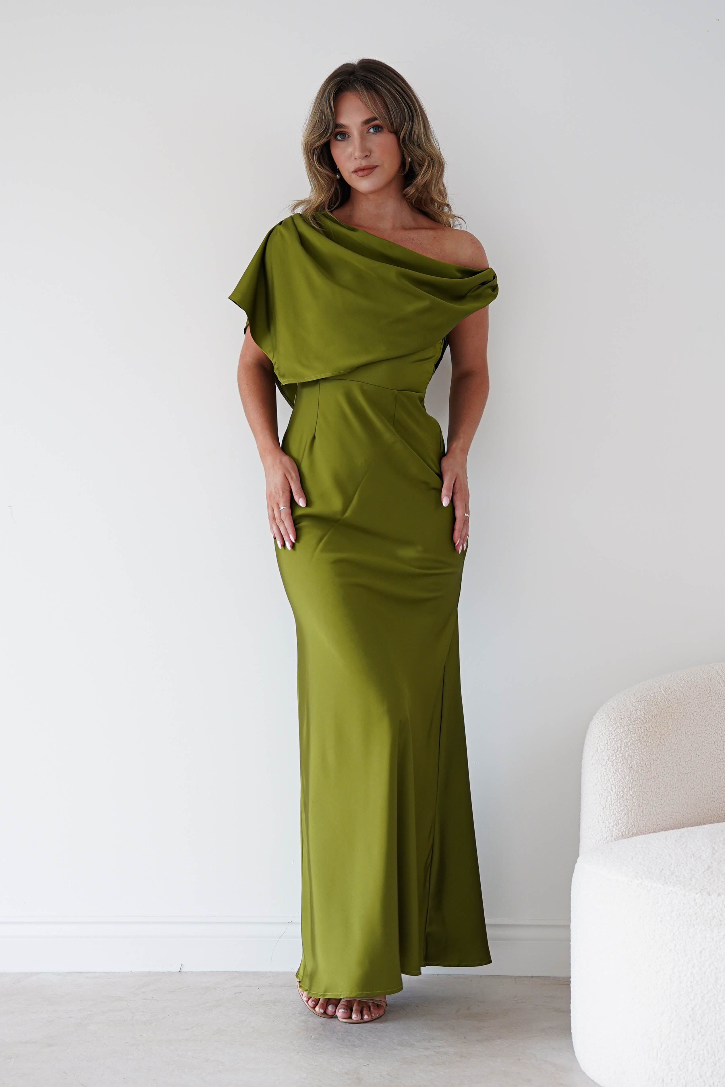 Oh Hello Clothing Women > Clothing > Dresses Sinead Satin Draped Maxi Dress | Olive Green