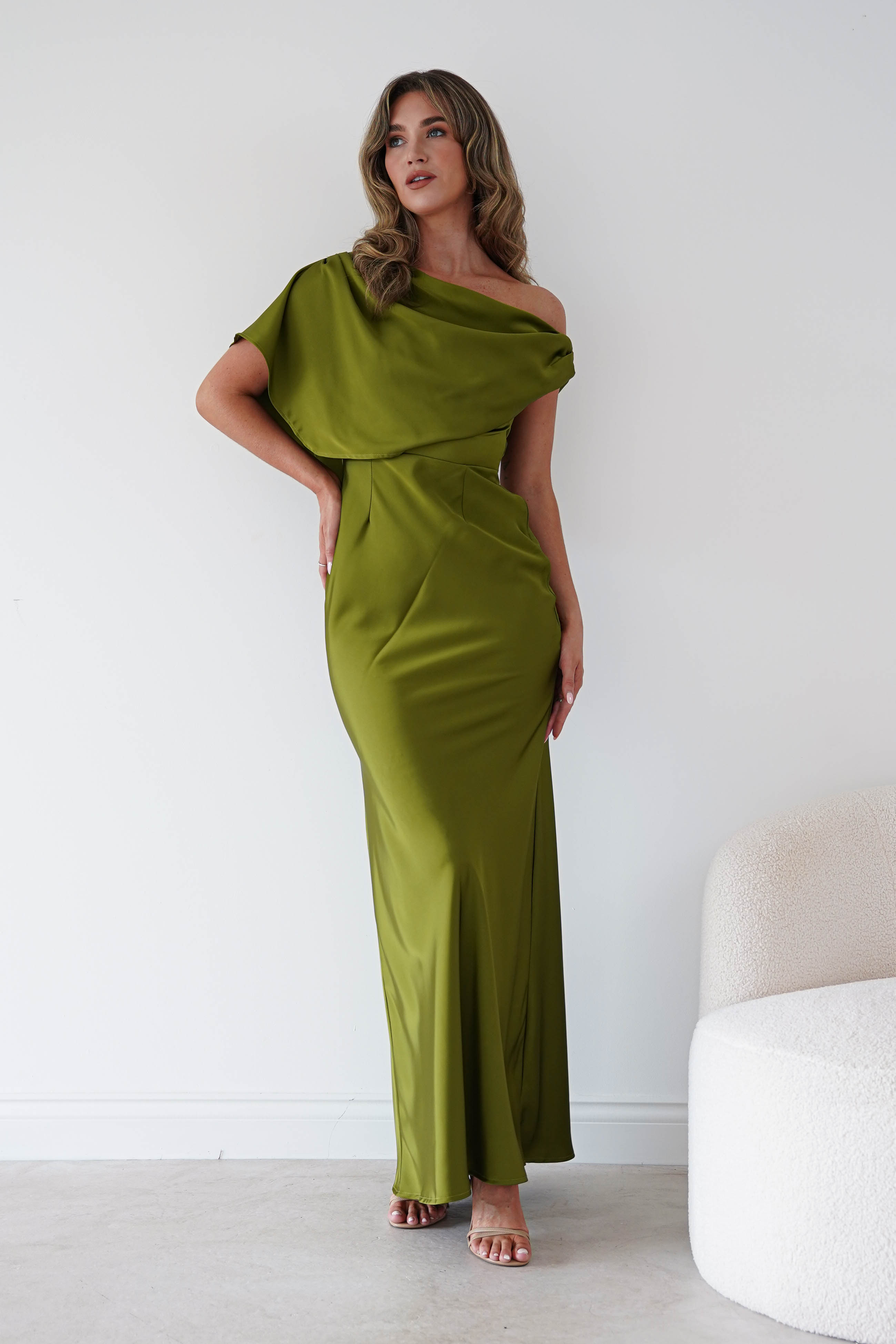 Oh Hello Clothing Women > Clothing > Dresses Sinead Satin Draped Maxi Dress | Olive Green