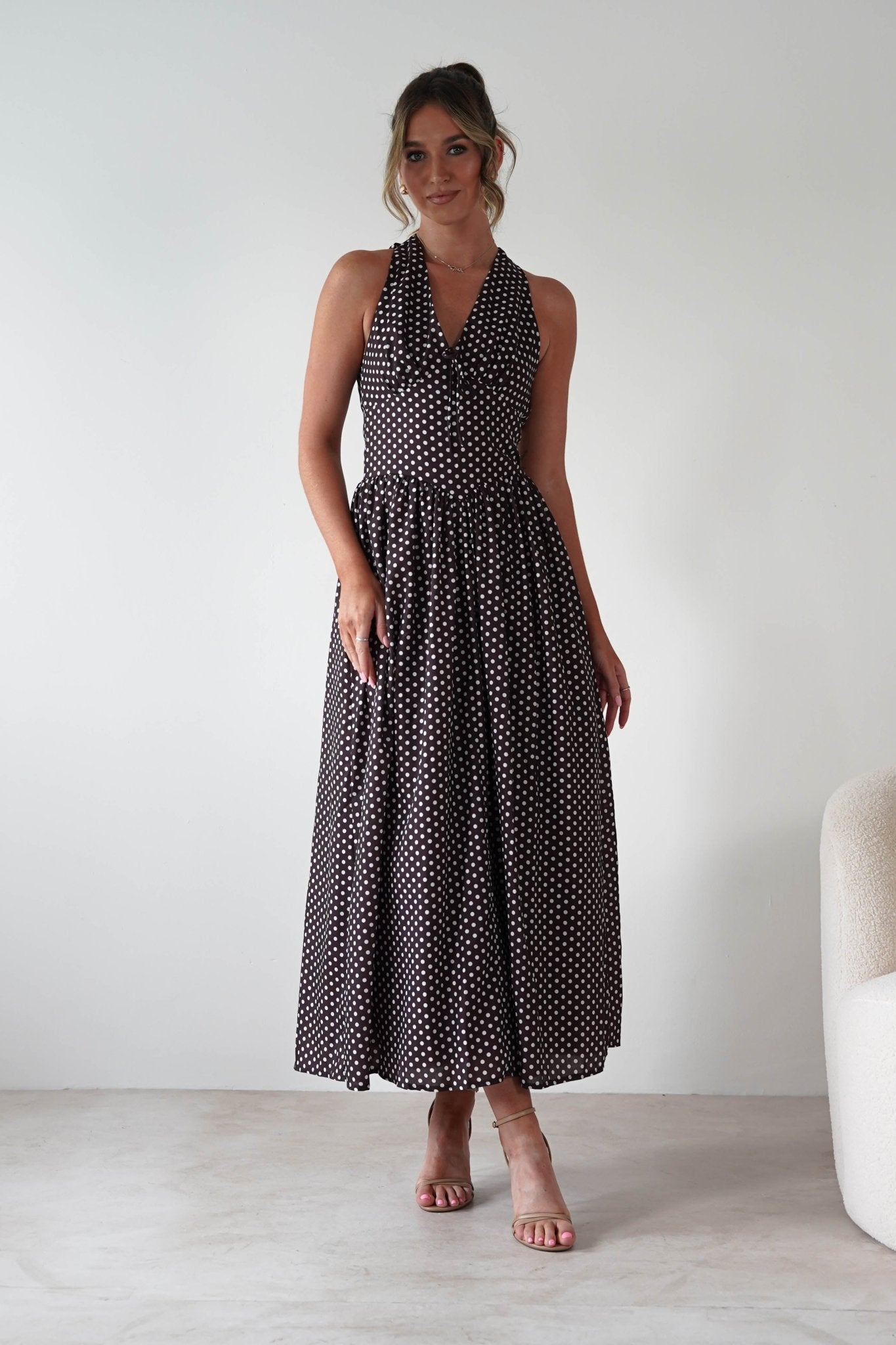 Sivana Polka Dot Skater Maxi Dress Brown | Wedding Guest Dress | Maxi | Skater | Oh Hello Clothing