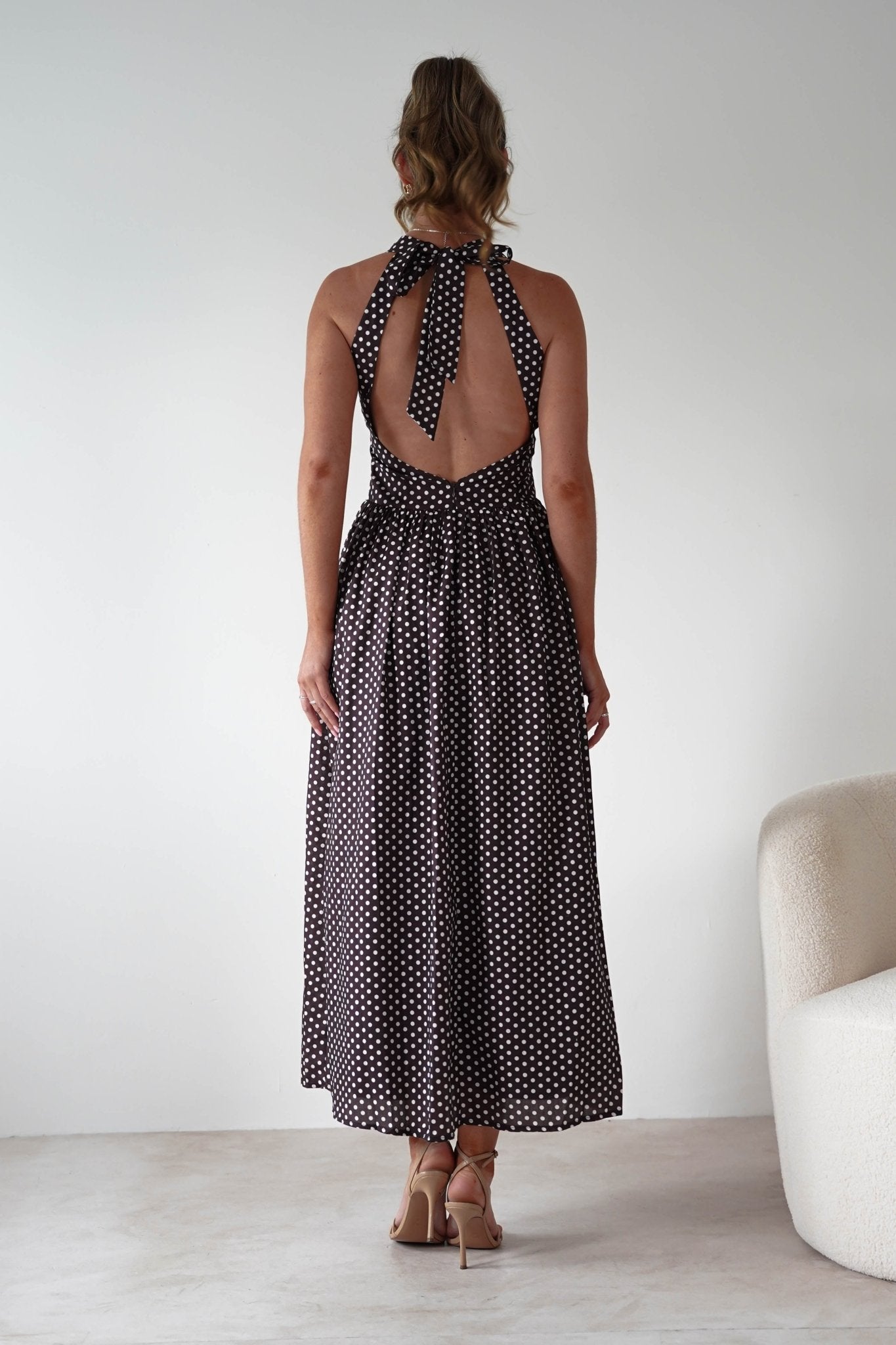Sivana Polka Dot Skater Maxi Dress Brown | Wedding Guest Dress | Maxi | Skater | Oh Hello Clothing