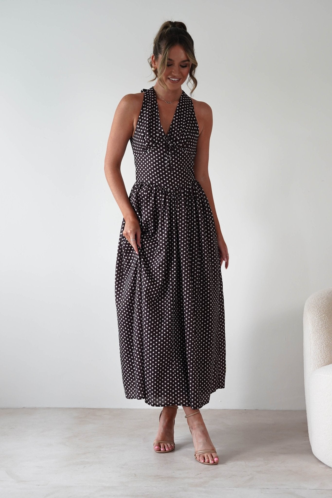 Sivana Polka Dot Skater Maxi Dress Brown | Wedding Guest Dress | Maxi | Skater | Oh Hello Clothing