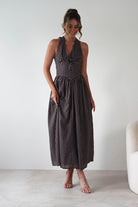 Sivana Polka Dot Skater Maxi Dress Brown | Wedding Guest Dress | Maxi | Skater | Oh Hello Clothing