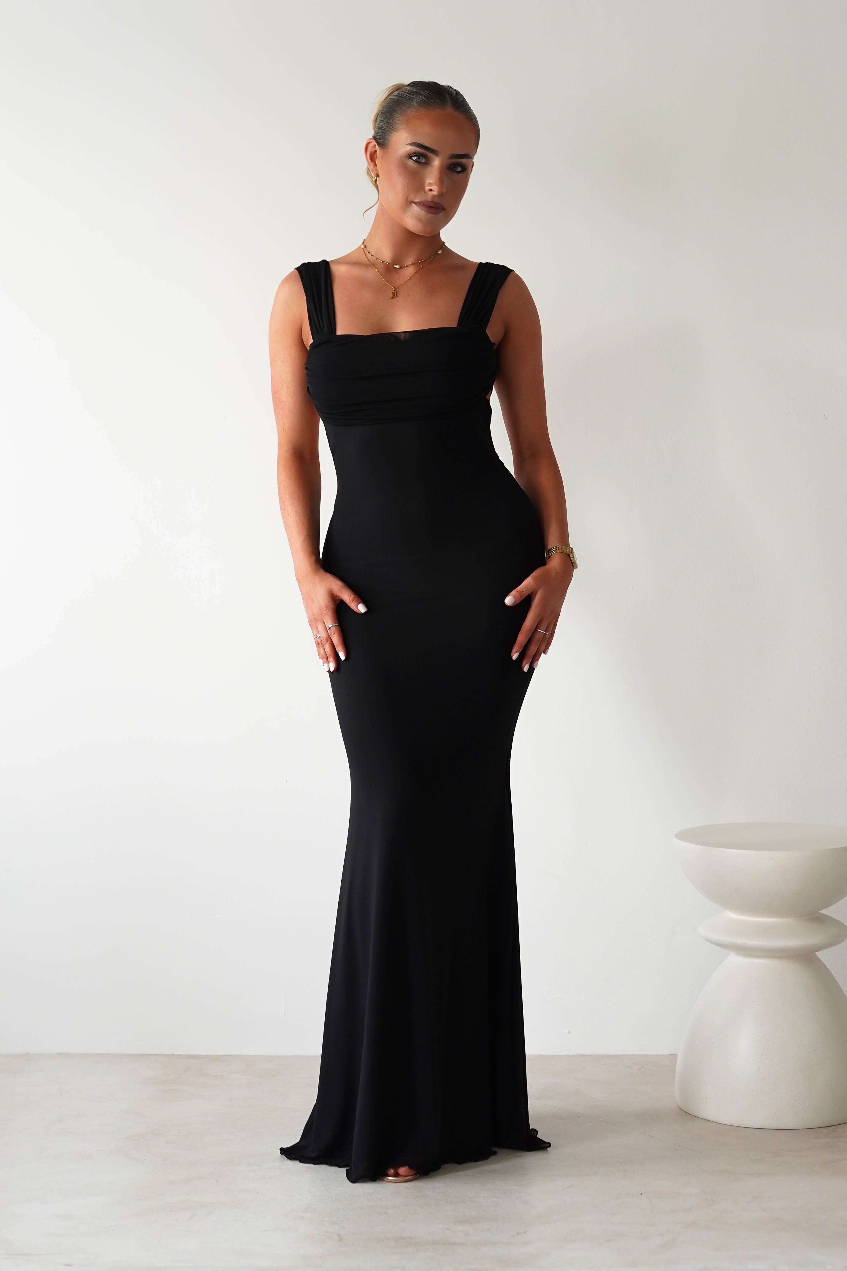 Sky Stretchy Mesh Backless Maxi Dress Black | Wedding Guest Dress | Backless | Maxi | Oh Hello Clothing