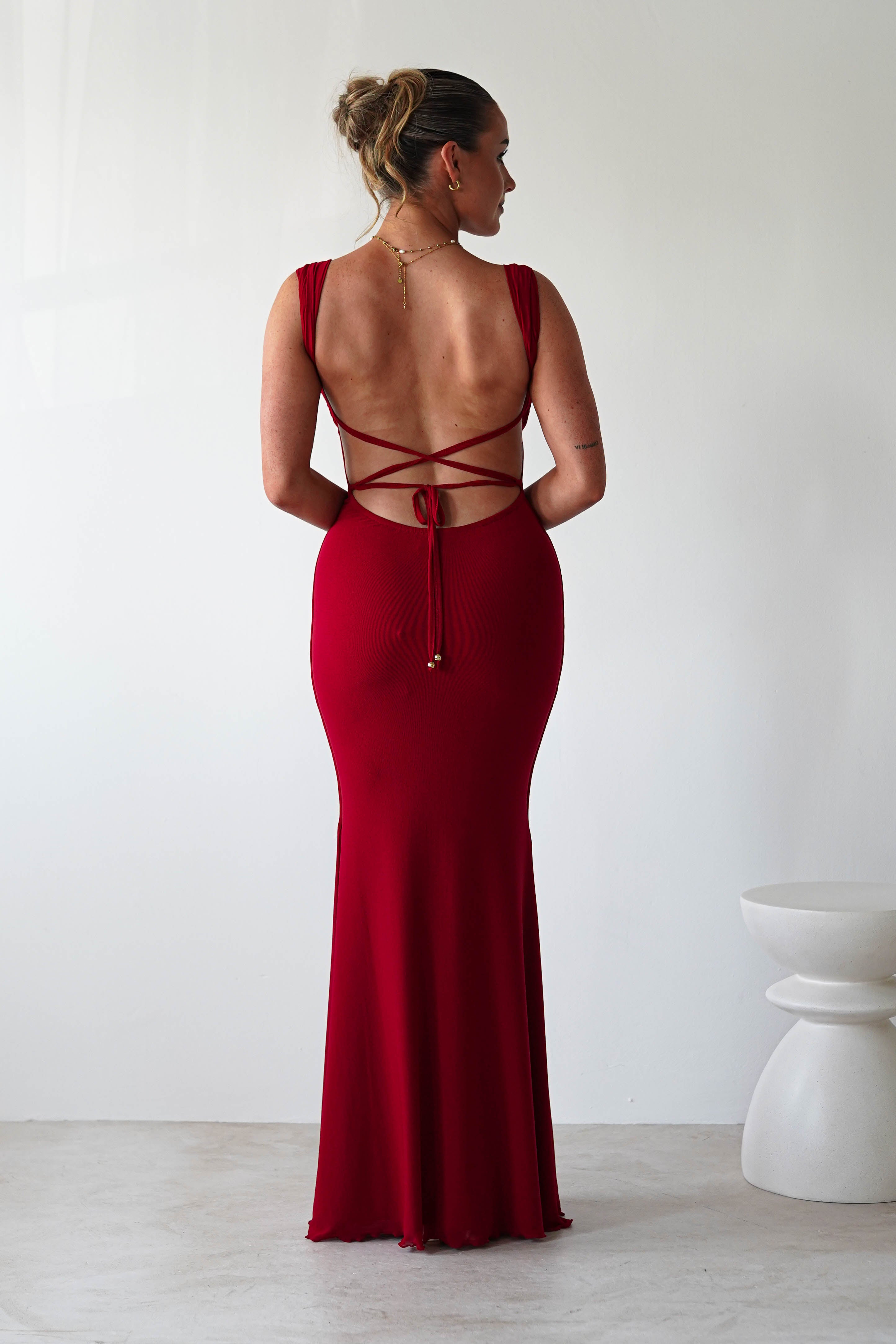 Sky Stretchy Mesh Backless Maxi Dress Dark Red | Wedding Guest Dress | Backless | Maxi | Oh Hello Clothing