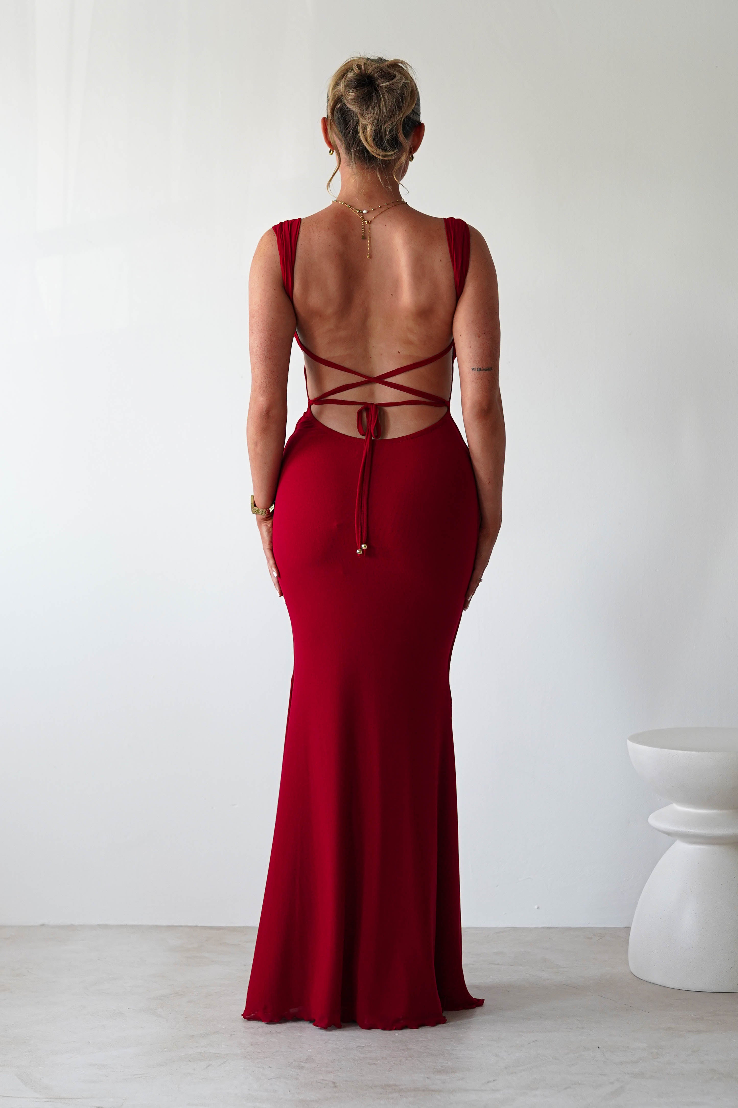 Sky Stretchy Mesh Backless Maxi Dress Dark Red | Wedding Guest Dress | Backless | Maxi | Oh Hello Clothing