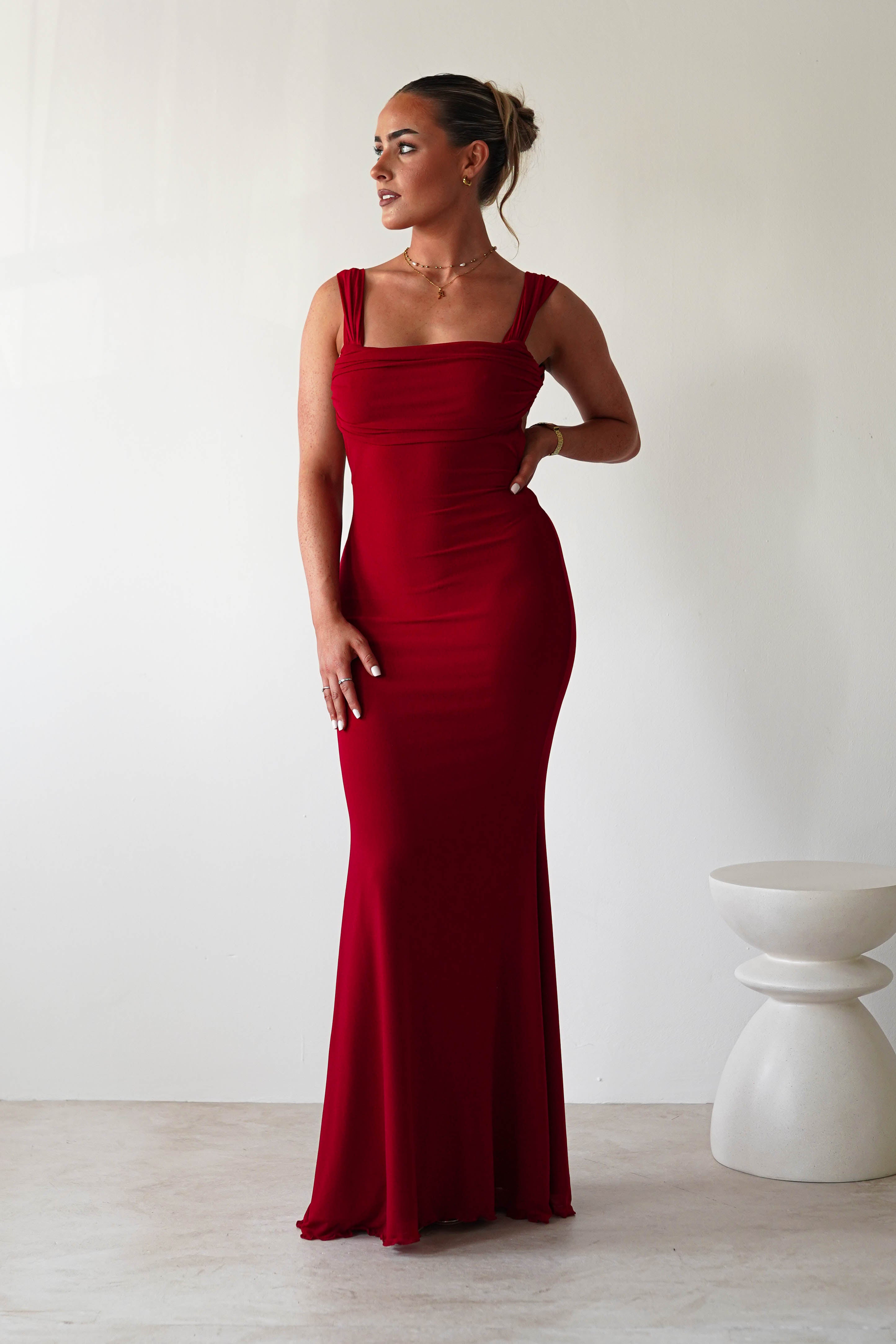 Sky Stretchy Mesh Backless Maxi Dress Dark Red | Wedding Guest Dress | Backless | Maxi | Oh Hello Clothing
