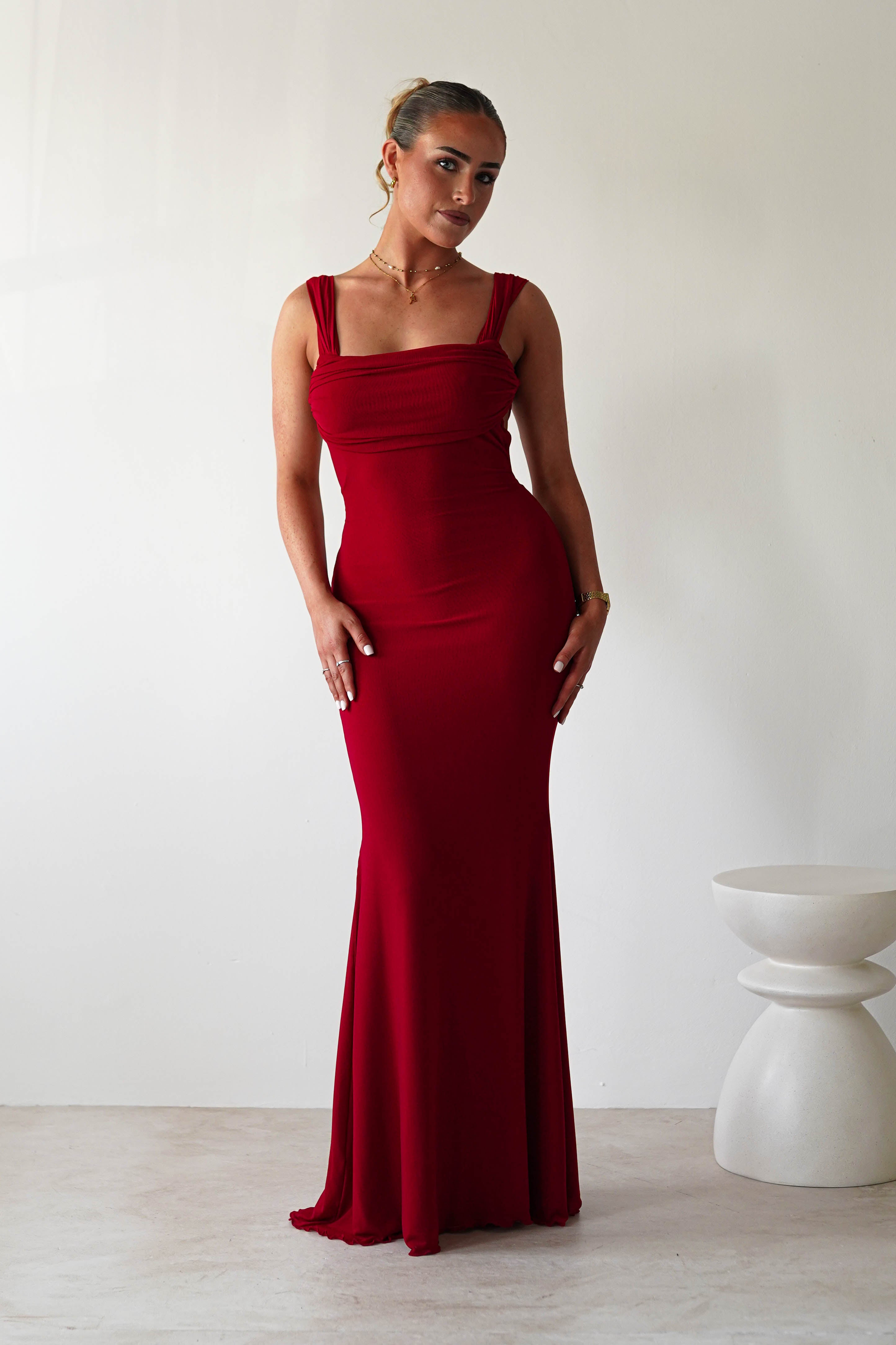 Sky Stretchy Mesh Backless Maxi Dress Dark Red | Wedding Guest Dress | Backless | Maxi | Oh Hello Clothing