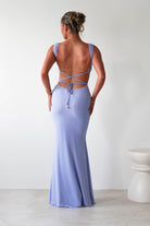Sky Stretchy Mesh Backless Maxi Dress Dusty Blue | Wedding Guest Dress | Backless | Maxi | Oh Hello Clothing