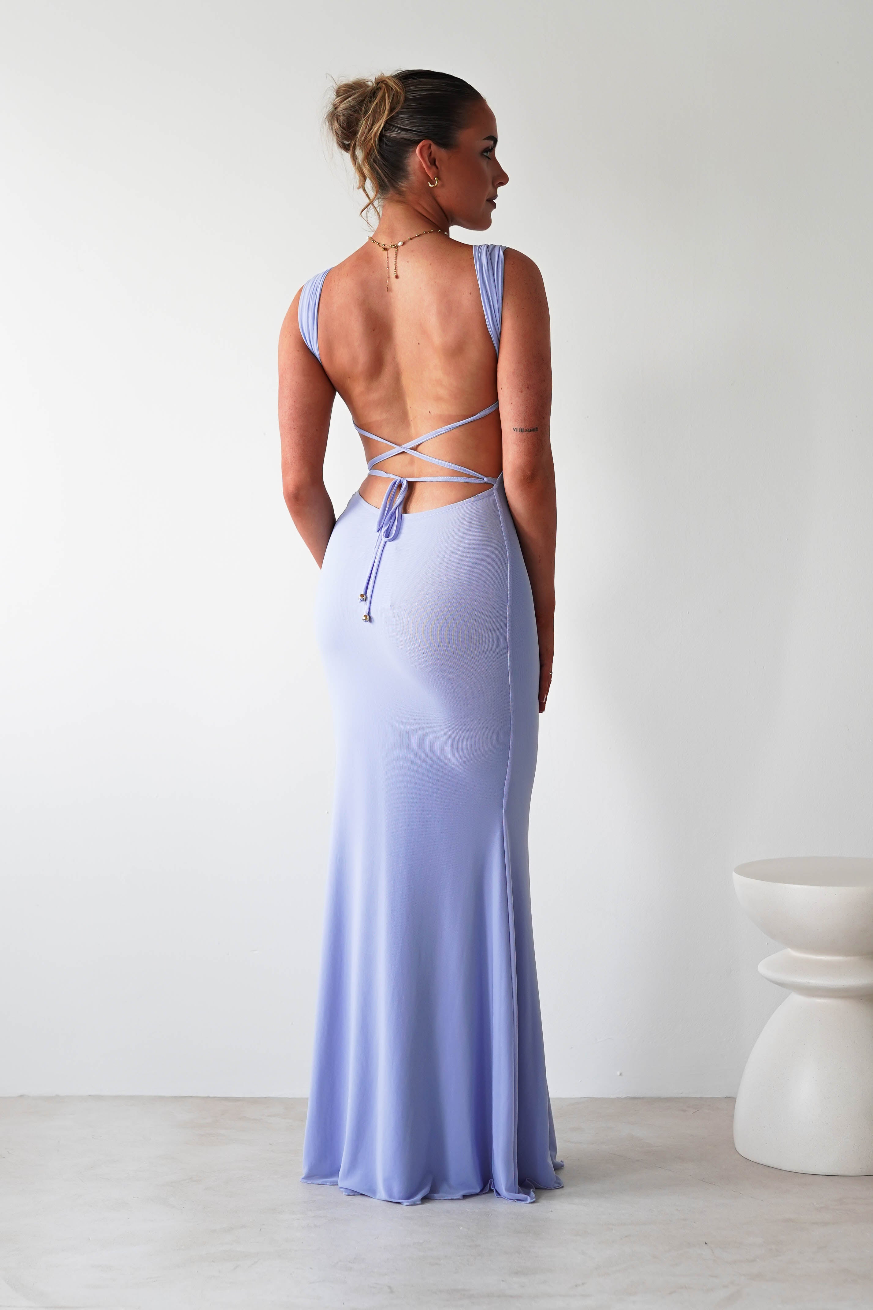 Sky Stretchy Mesh Backless Maxi Dress Dusty Blue | Wedding Guest Dress | Backless | Maxi | Oh Hello Clothing