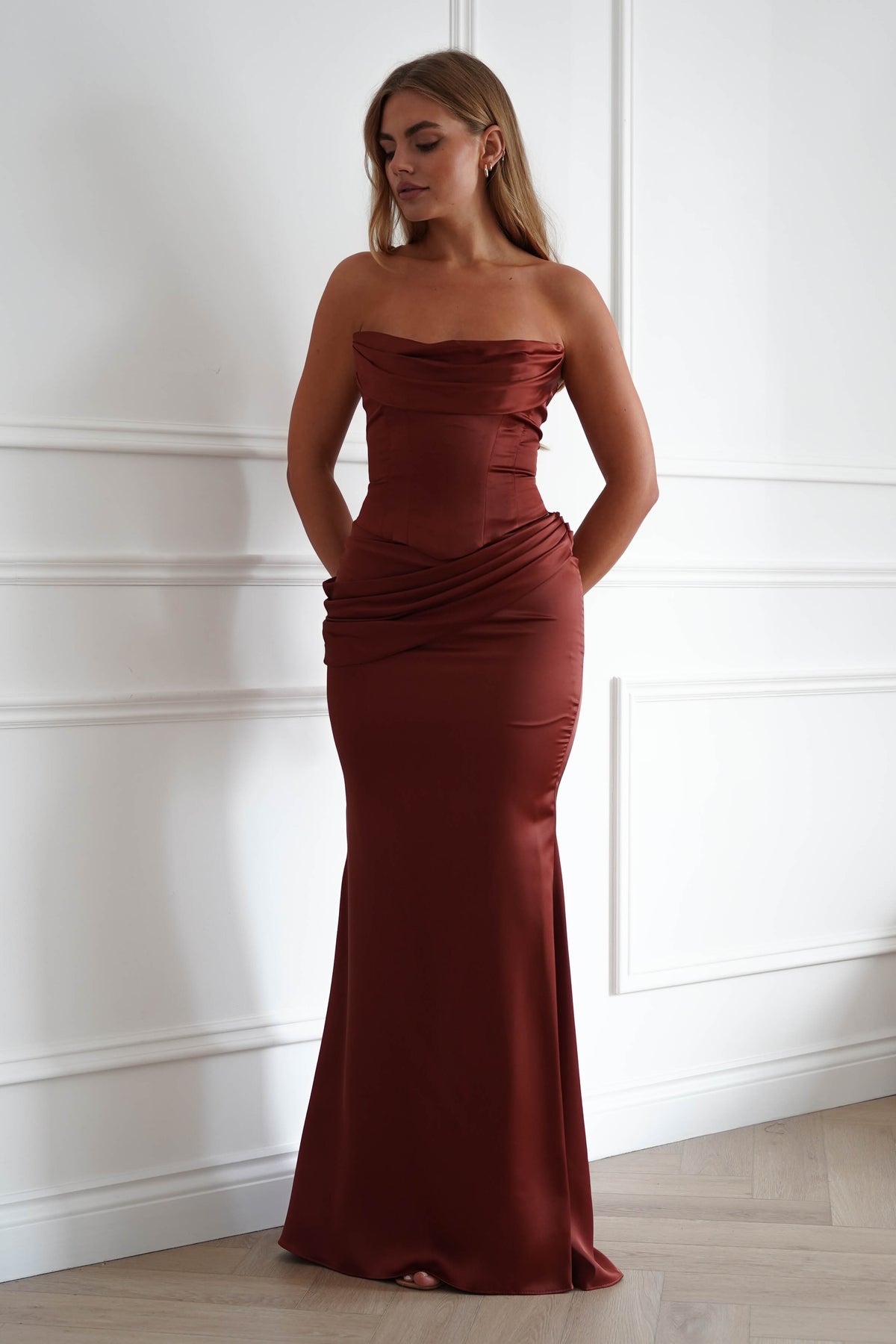 Oh Hello Clothing Women > Clothing > Dresses Solace Draped Corset & Skirt 2 Piece | Rust
