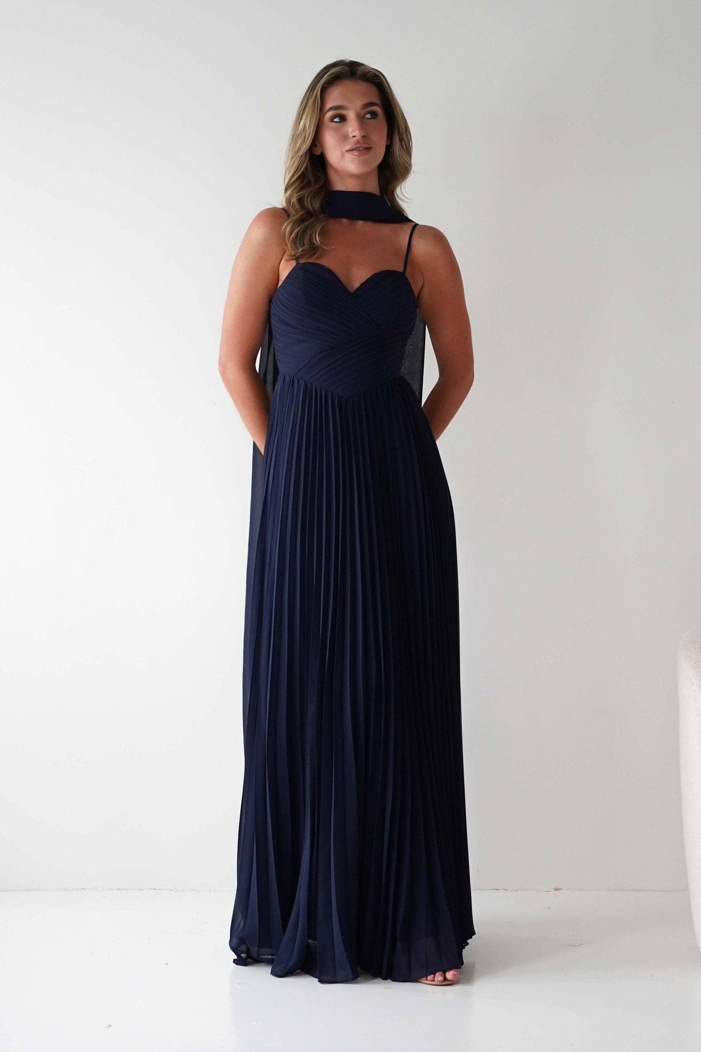 Sonia Pleated Scarf detail Maxi Dress Navy | Wedding Guest Dress | Pleated Skirt | Maxi | Oh Hello Clothing