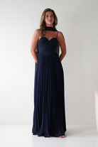 Sonia Pleated Scarf detail Maxi Dress Navy | Wedding Guest Dress | Pleated Skirt | Maxi | Oh Hello Clothing