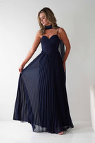 Sonia Pleated Scarf detail Maxi Dress Navy | Wedding Guest Dress | Pleated Skirt | Maxi | Oh Hello Clothing