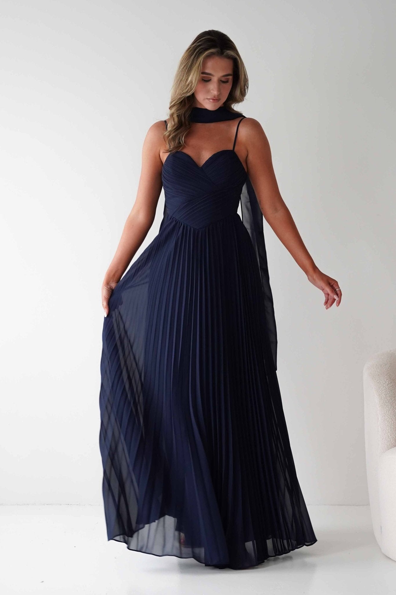 Sonia Pleated Scarf detail Maxi Dress Navy | Wedding Guest Dress | Pleated Skirt | Maxi | Oh Hello Clothing