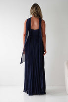 Sonia Pleated Scarf detail Maxi Dress Navy | Wedding Guest Dress | Pleated Skirt | Maxi | Oh Hello Clothing