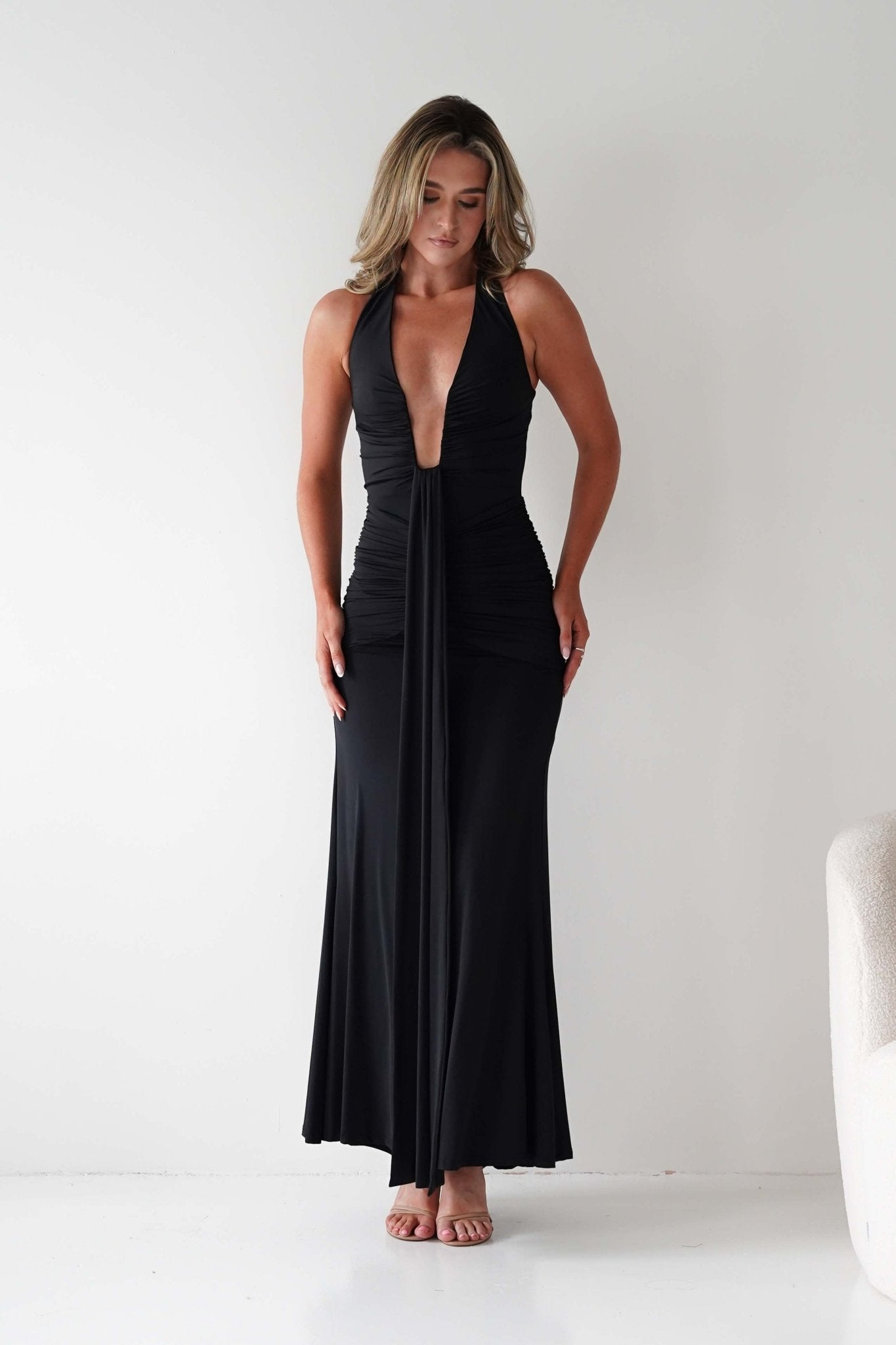 Sophia Low Cut Bodycon Maxi Dress Black | Wedding Guest Dress | Bodycon | Maxi | Oh Hello Clothing