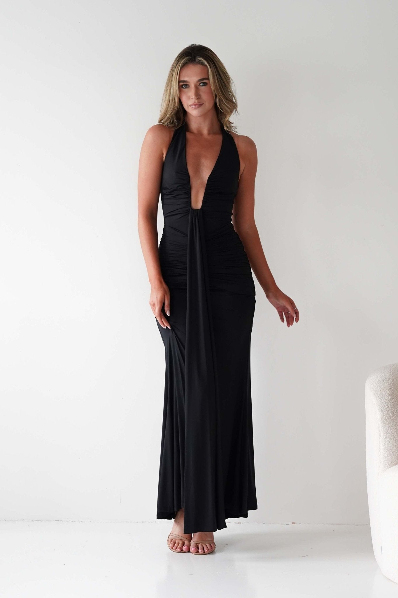 Sophia Low Cut Bodycon Maxi Dress Black | Wedding Guest Dress | Bodycon | Maxi | Oh Hello Clothing