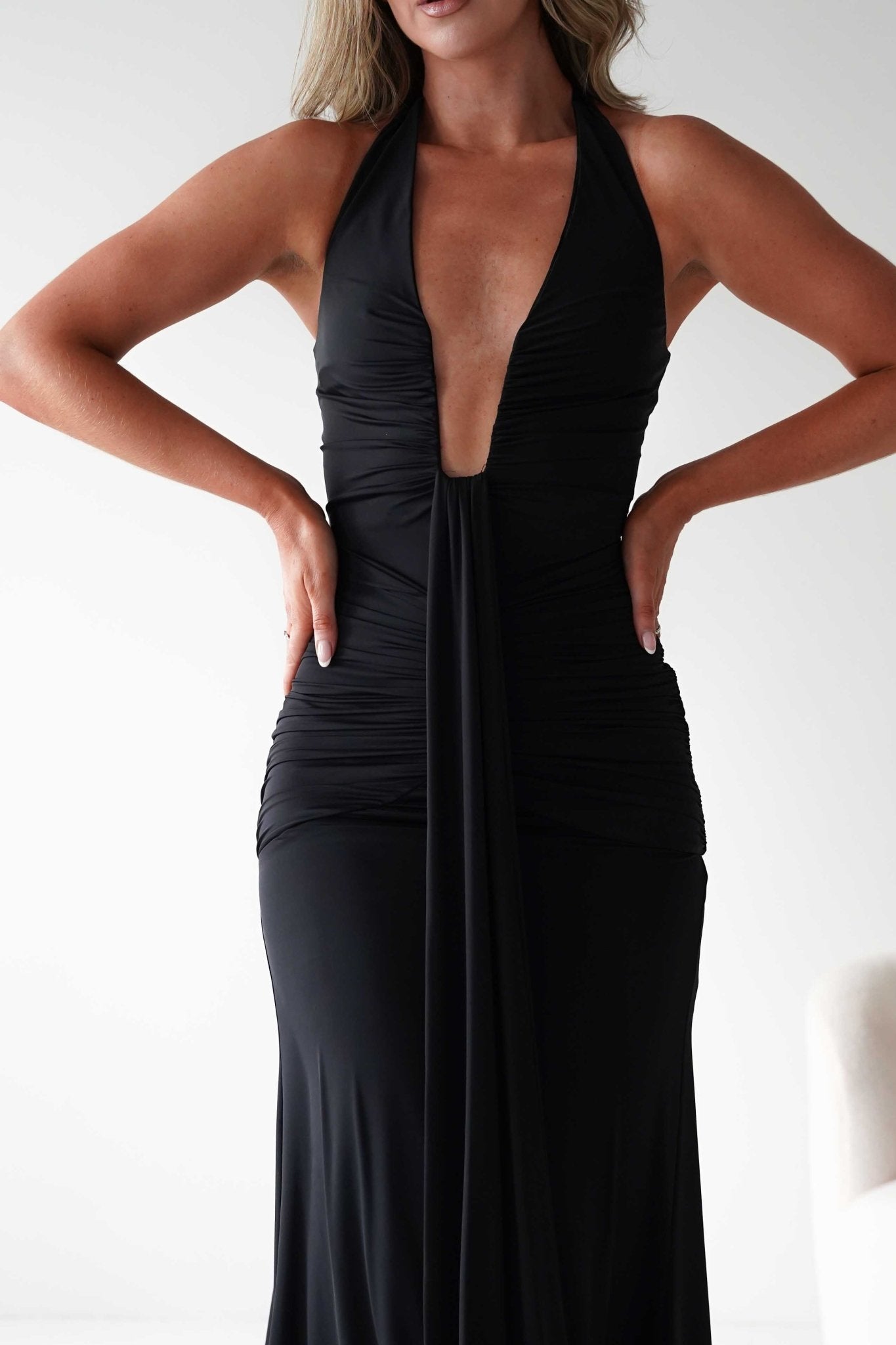 Sophia Low Cut Bodycon Maxi Dress Black | Wedding Guest Dress | Bodycon | Maxi | Oh Hello Clothing