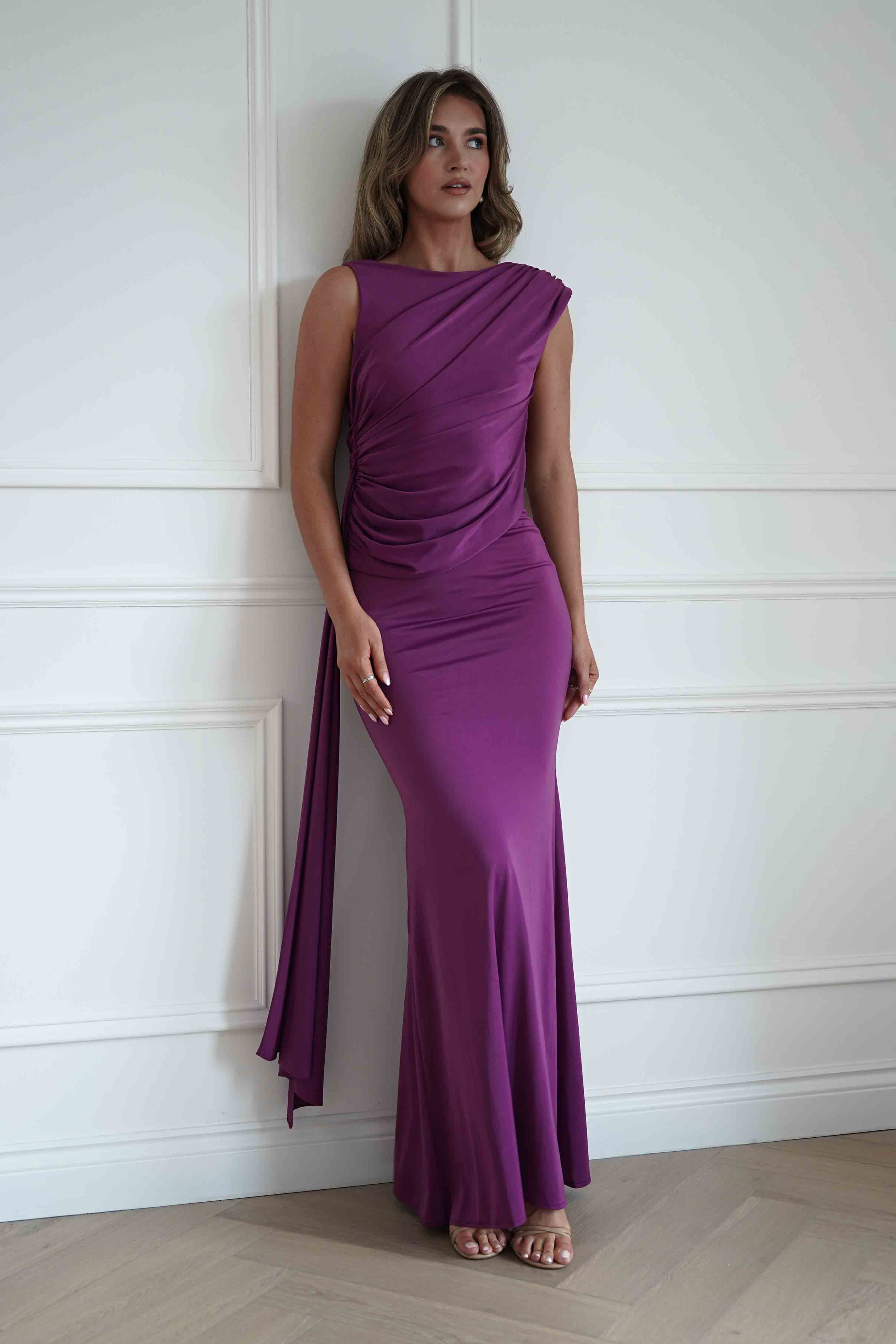 Oh Hello Clothing Women > Clothing > Dresses Sophine Draped Ruched Maxi Dress | Plum