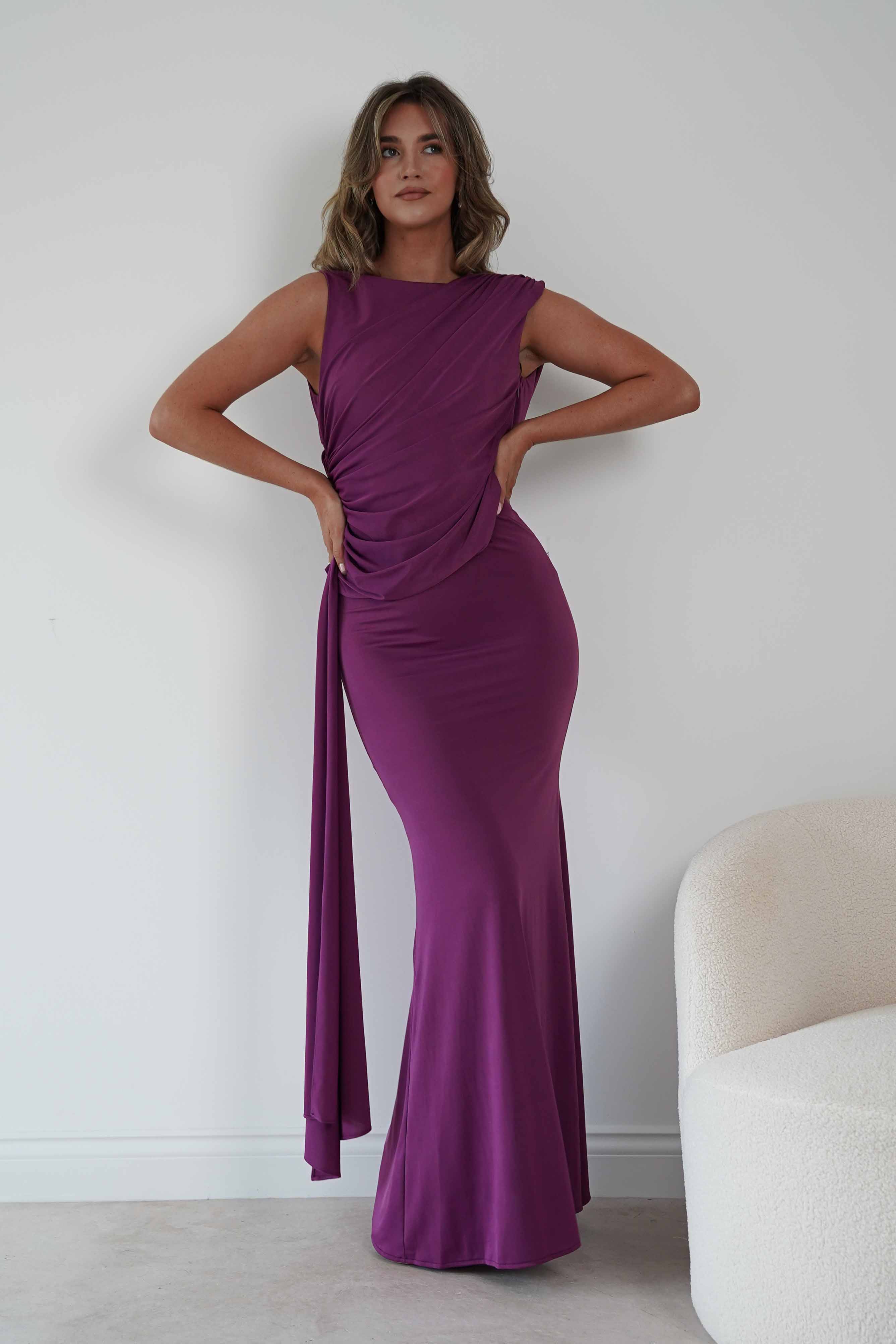 Oh Hello Clothing Women > Clothing > Dresses Sophine Draped Ruched Maxi Dress | Plum
