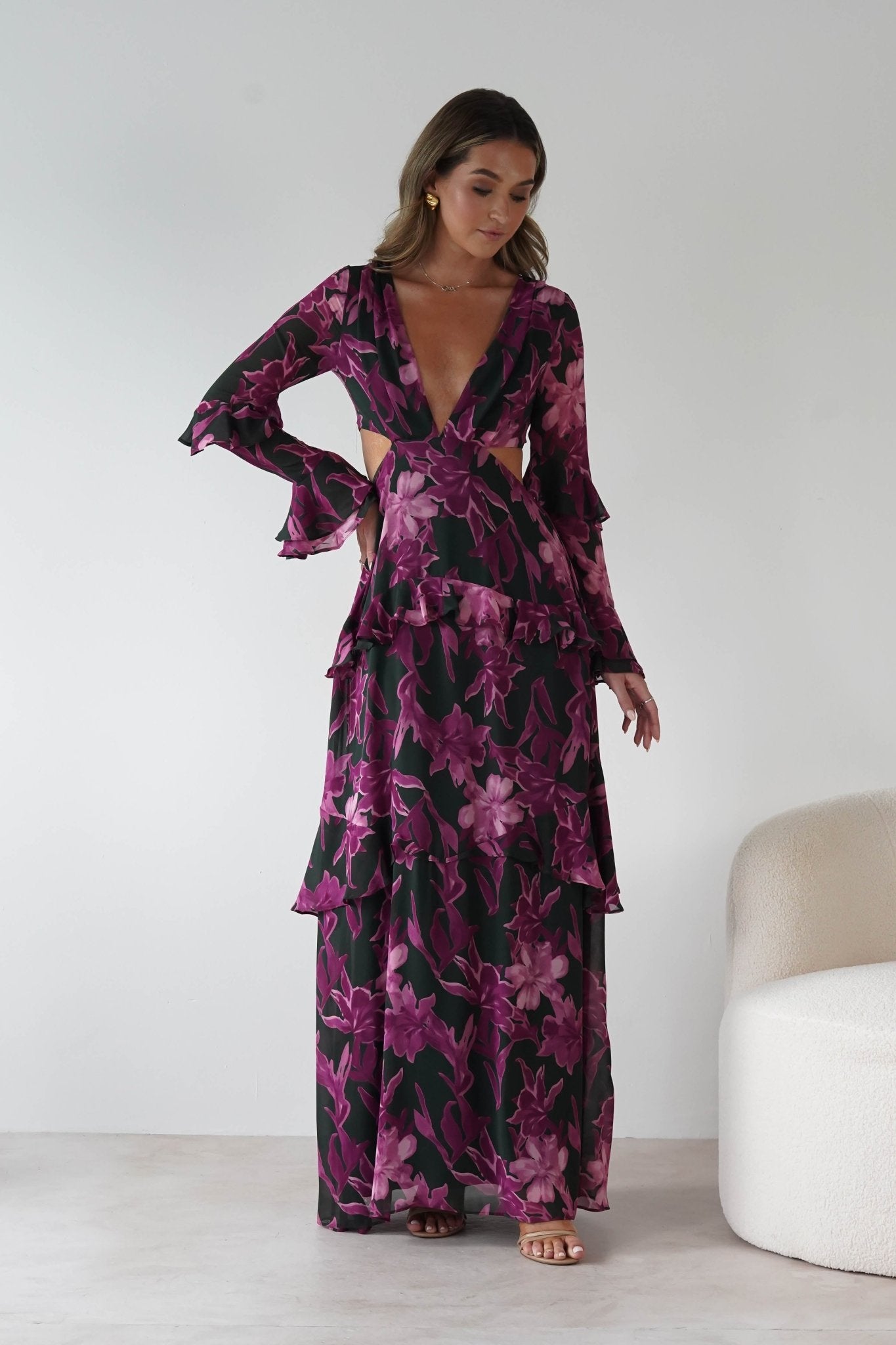 Souline Long Sleeve Maxi Dress Olive/Plum | Wedding Guest Dress | Long Sleeve | Maxi | Oh Hello Clothing