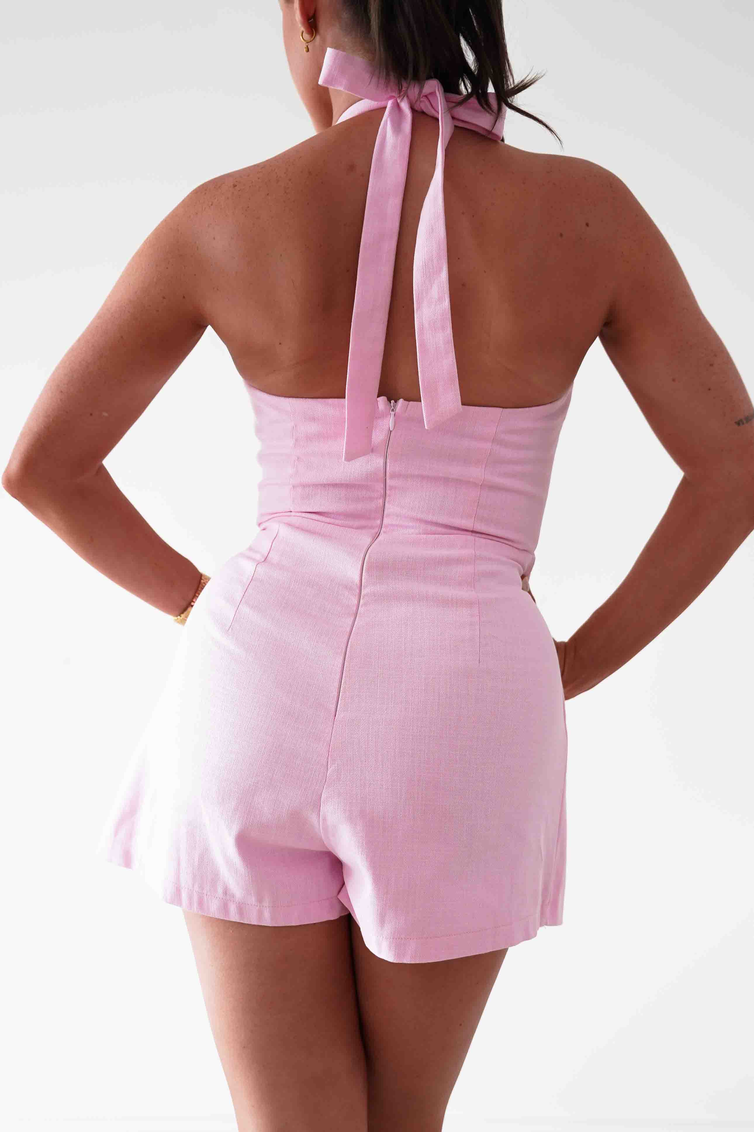 Oh Hello Clothing Women > Clothing > Dresses Stacie Linen Blend Tie Strap Playsuit | Pink