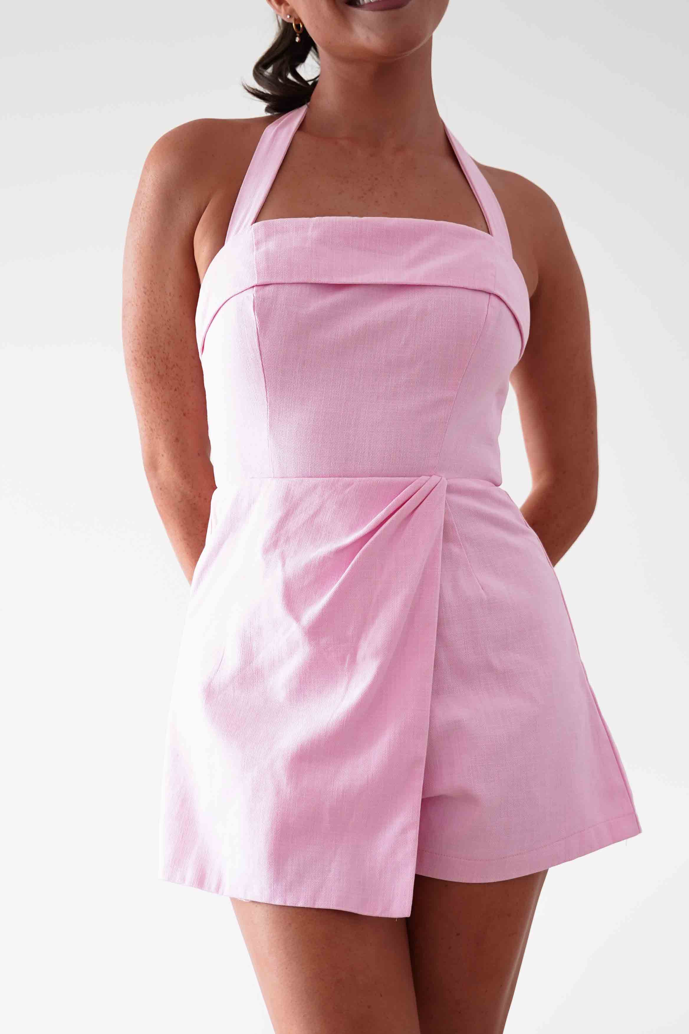 Oh Hello Clothing Women > Clothing > Dresses Stacie Linen Blend Tie Strap Playsuit | Pink