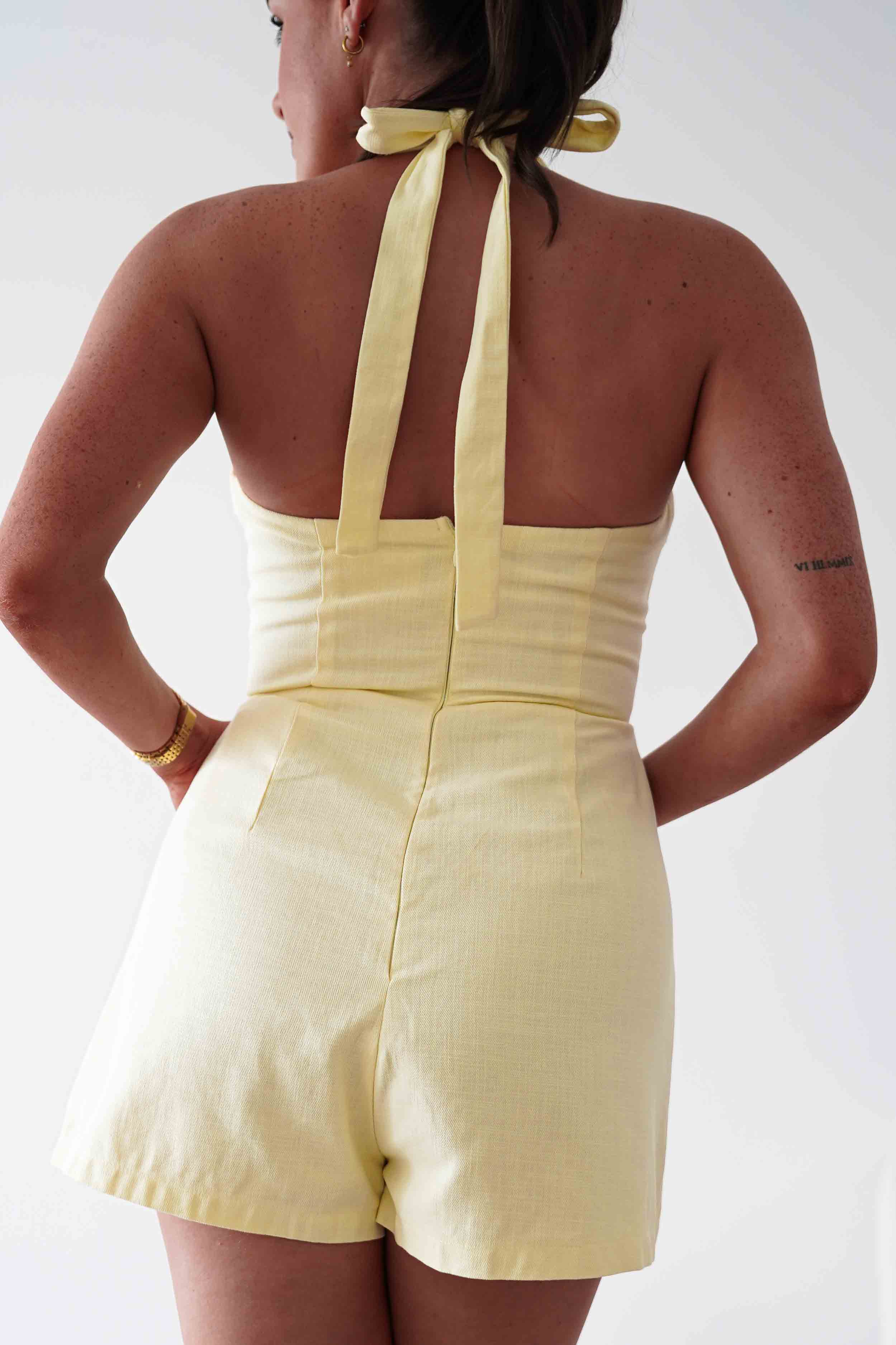 Oh Hello Clothing Women > Clothing > Dresses Stacie Linen Blend Tie Strap Playsuit | Yellow