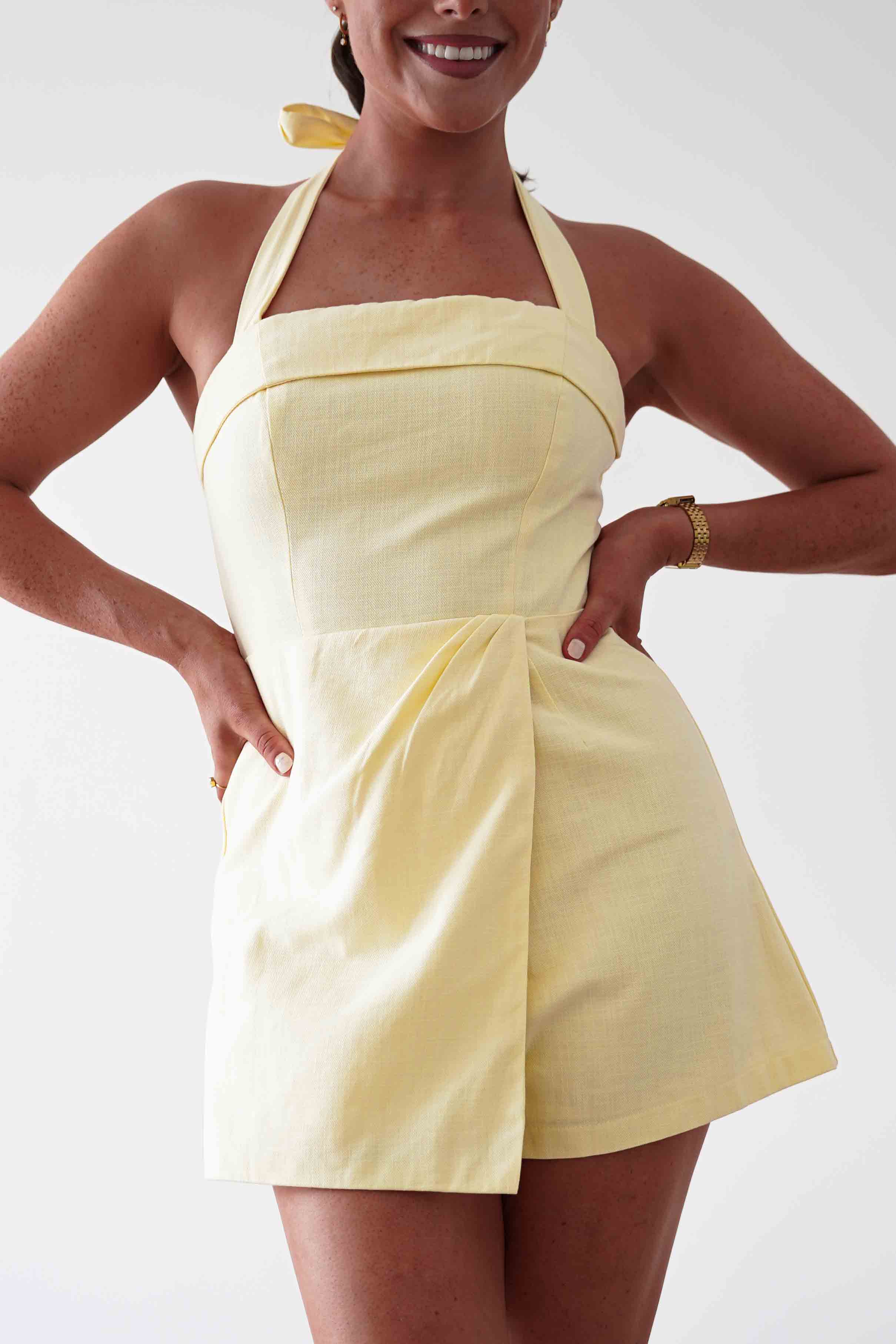 Oh Hello Clothing Women > Clothing > Dresses Stacie Linen Blend Tie Strap Playsuit | Yellow