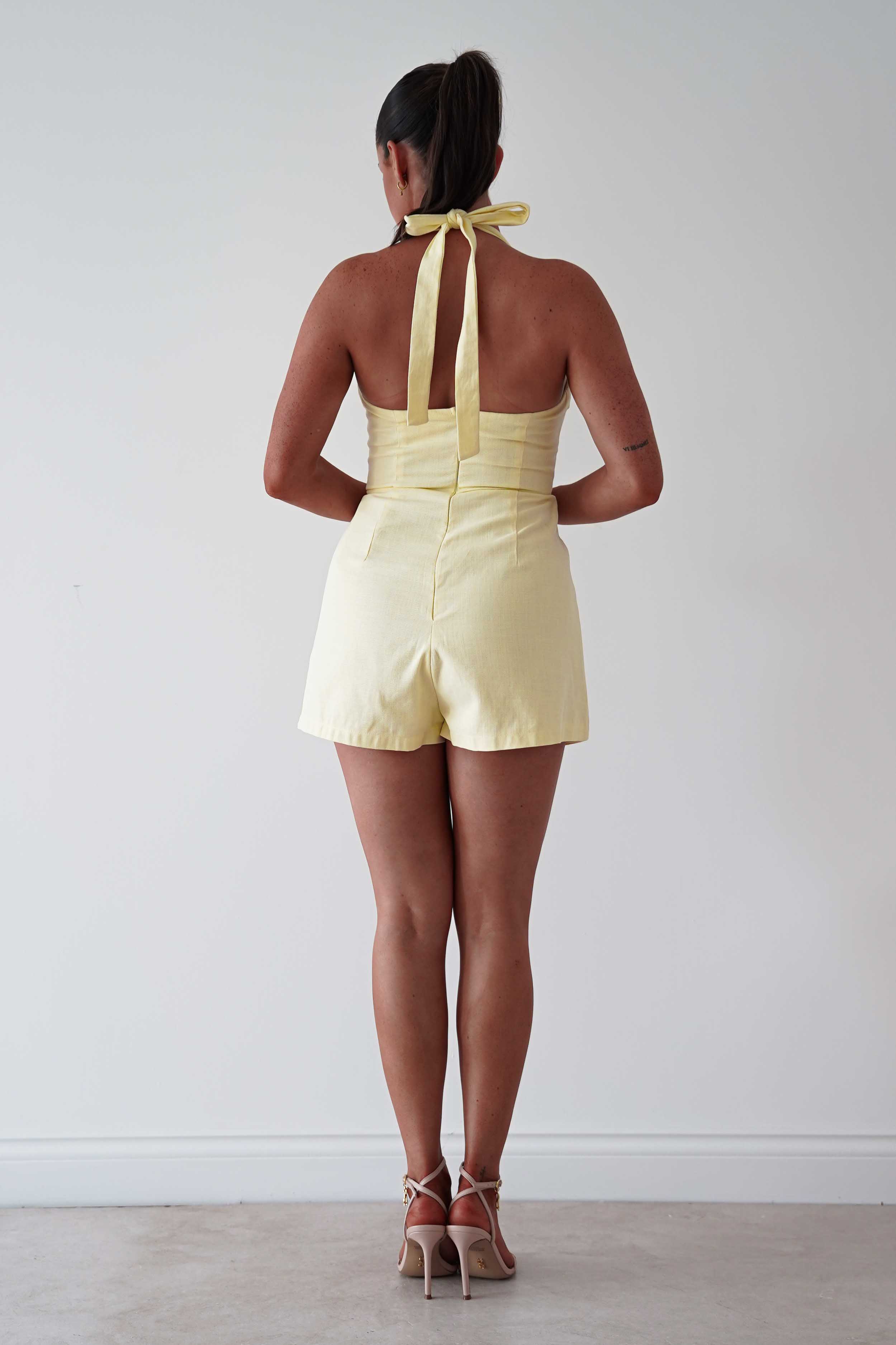 Oh Hello Clothing Women > Clothing > Dresses Stacie Linen Blend Tie Strap Playsuit | Yellow