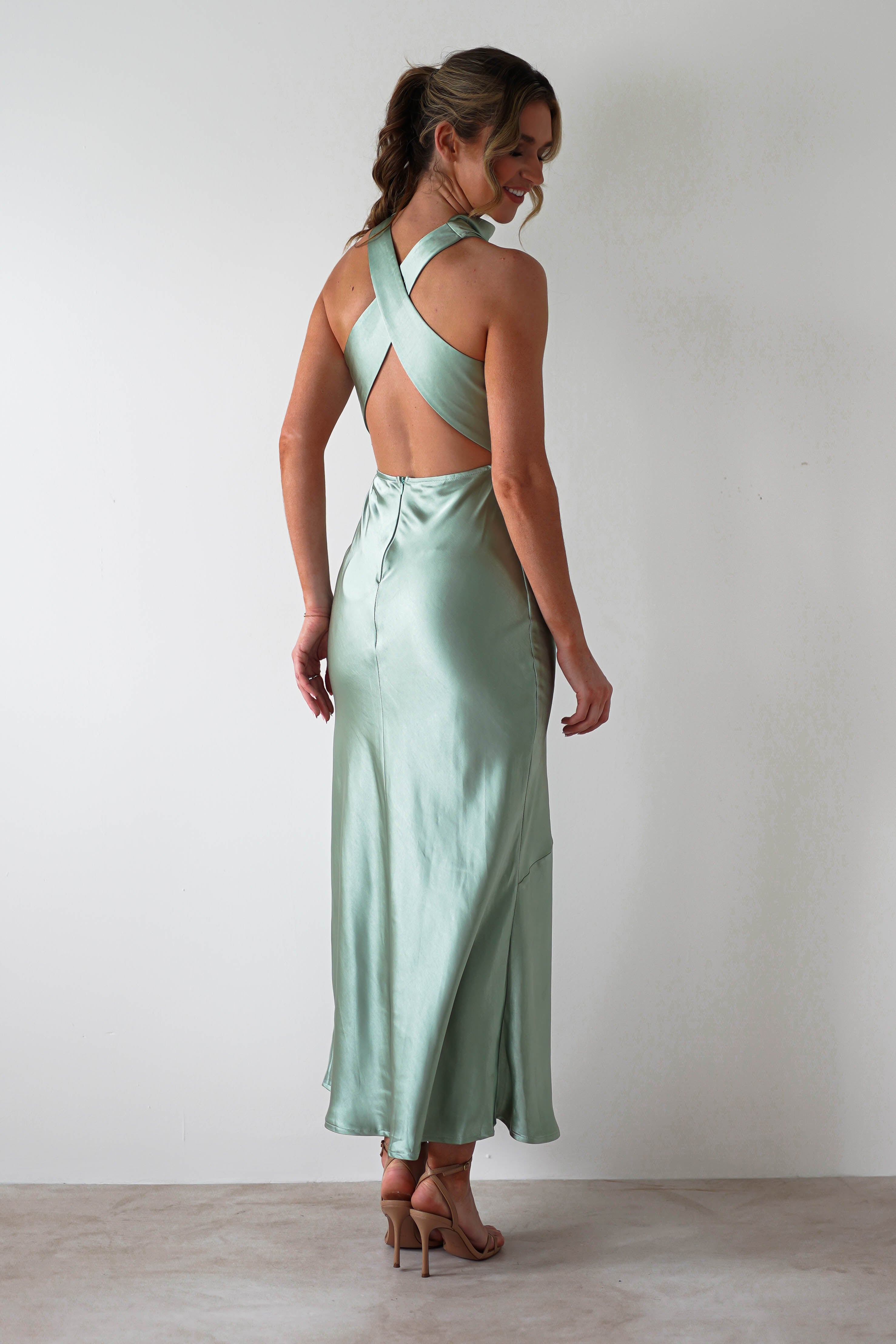 Stefanie Soft Satin Maxi Dress Sage Green | Wedding Guest Dress | Maxi | Satin | Oh Hello Clothing