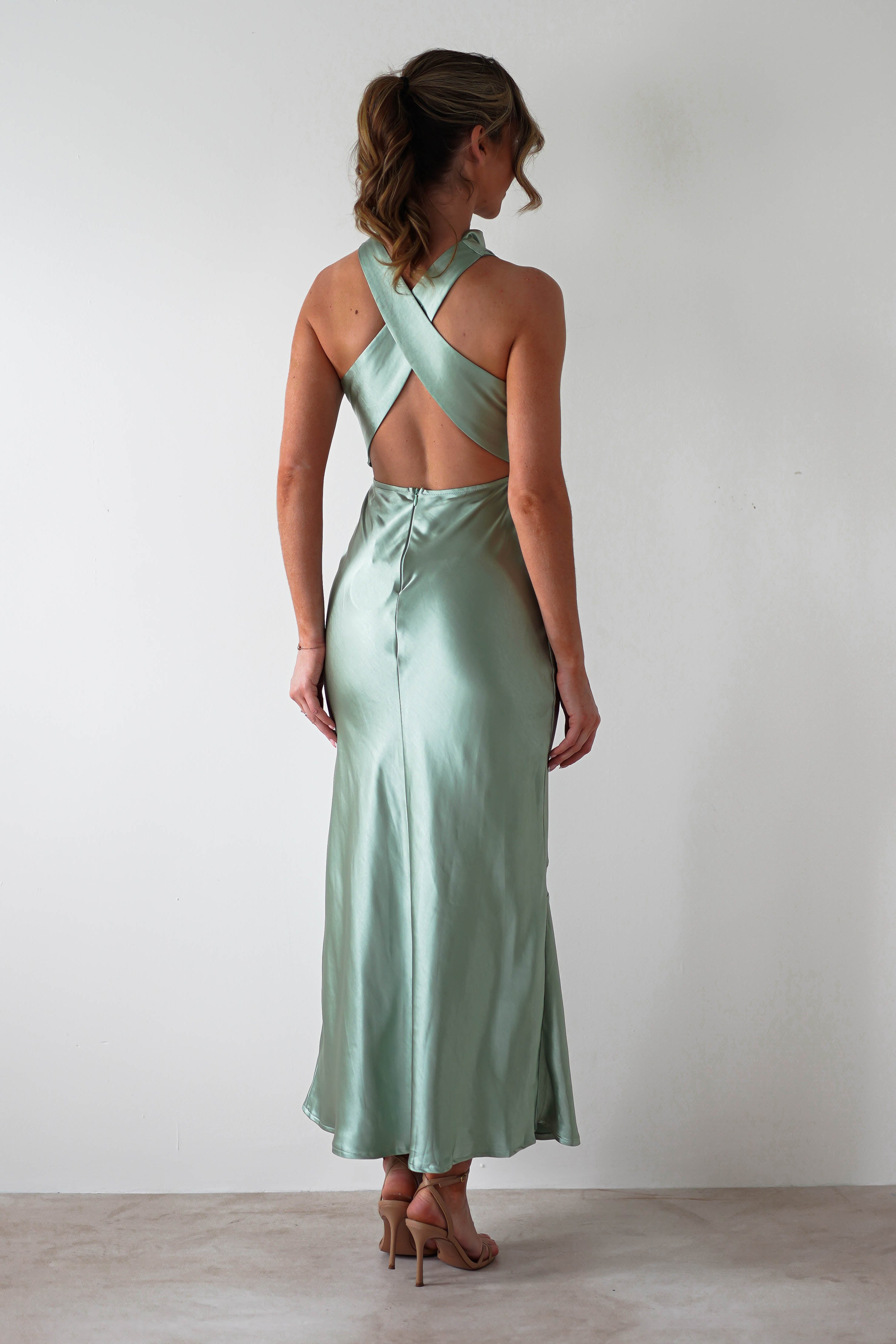 Stefanie Soft Satin Maxi Dress Sage Green | Wedding Guest Dress | Maxi | Satin | Oh Hello Clothing
