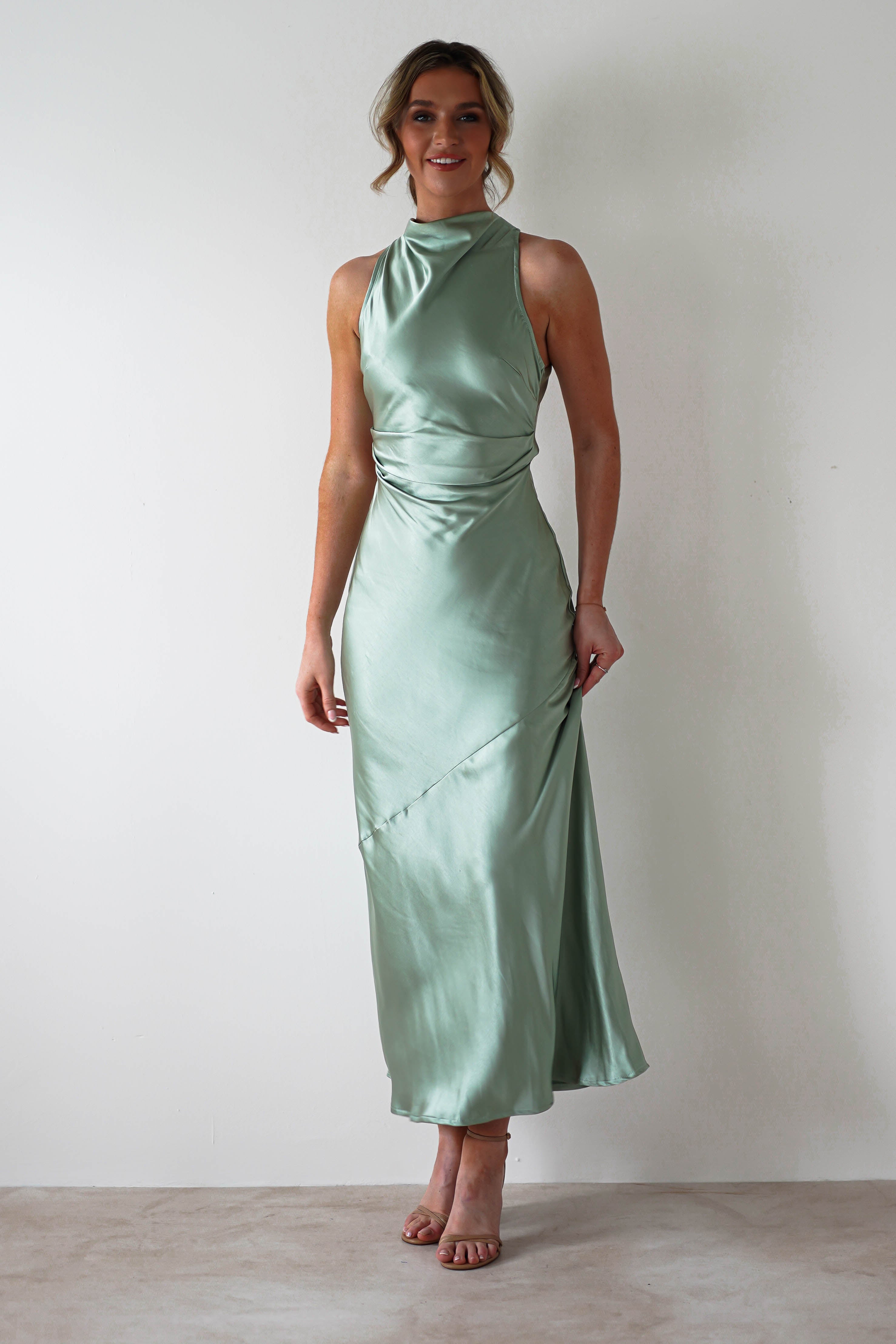 Stefanie Soft Satin Maxi Dress Sage Green | Wedding Guest Dress | Maxi | Satin | Oh Hello Clothing