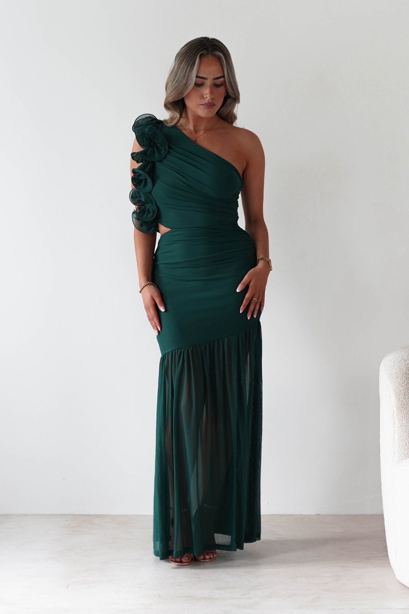 Stephanie Mesh Ruffle Maxi Dress Forest Green | Wedding Guest Dress | Maxi | Mesh | Oh Hello Clothing