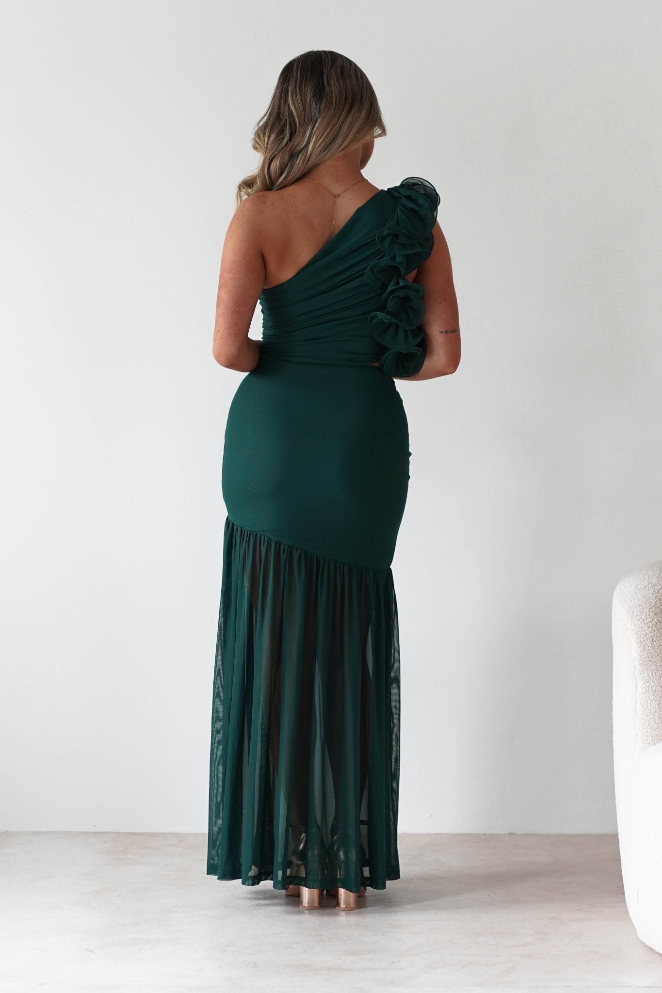 Stephanie Mesh Ruffle Maxi Dress Forest Green | Wedding Guest Dress | Maxi | Mesh | Oh Hello Clothing