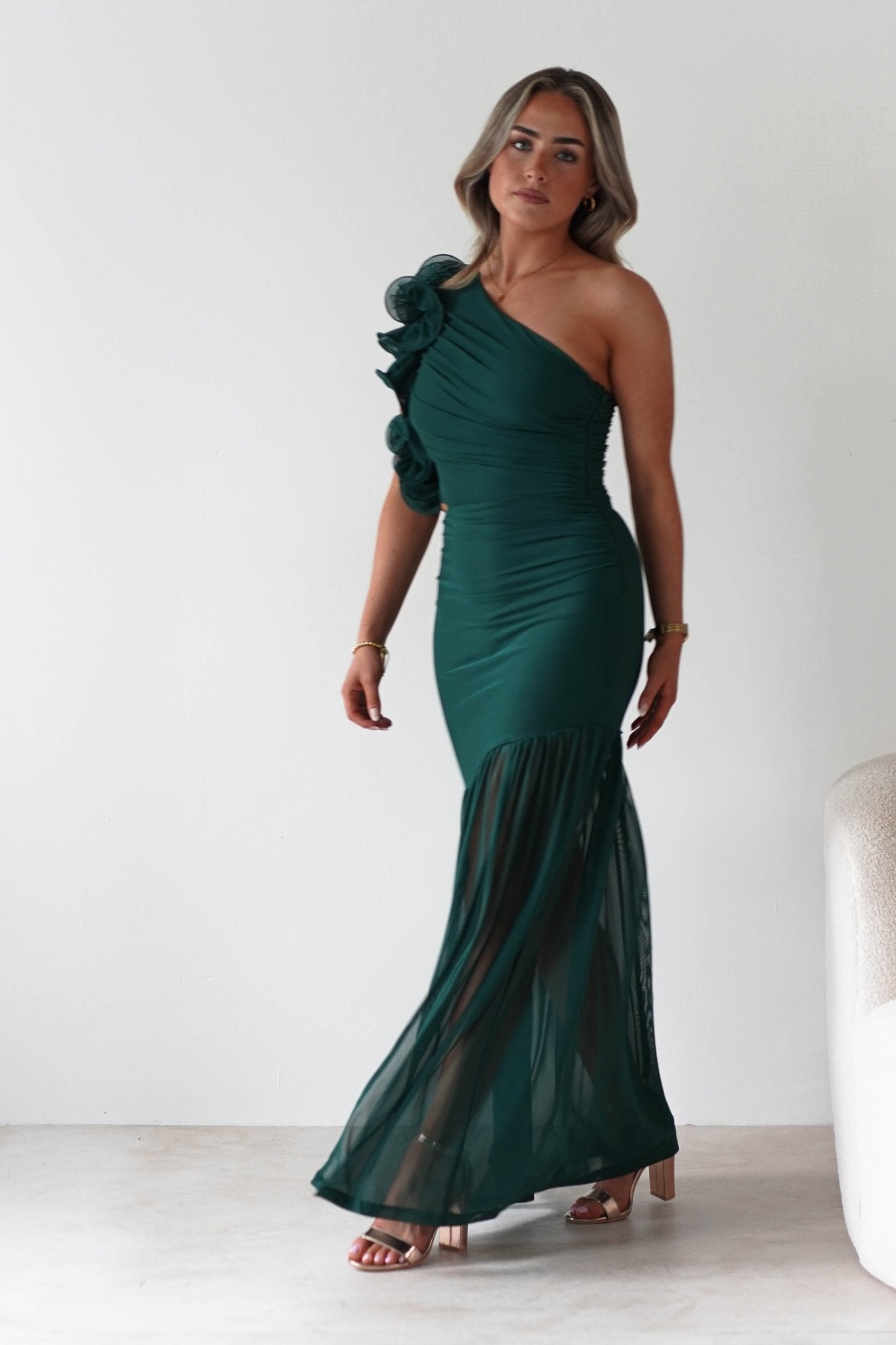 Stephanie Mesh Ruffle Maxi Dress Forest Green | Wedding Guest Dress | Maxi | Mesh | Oh Hello Clothing