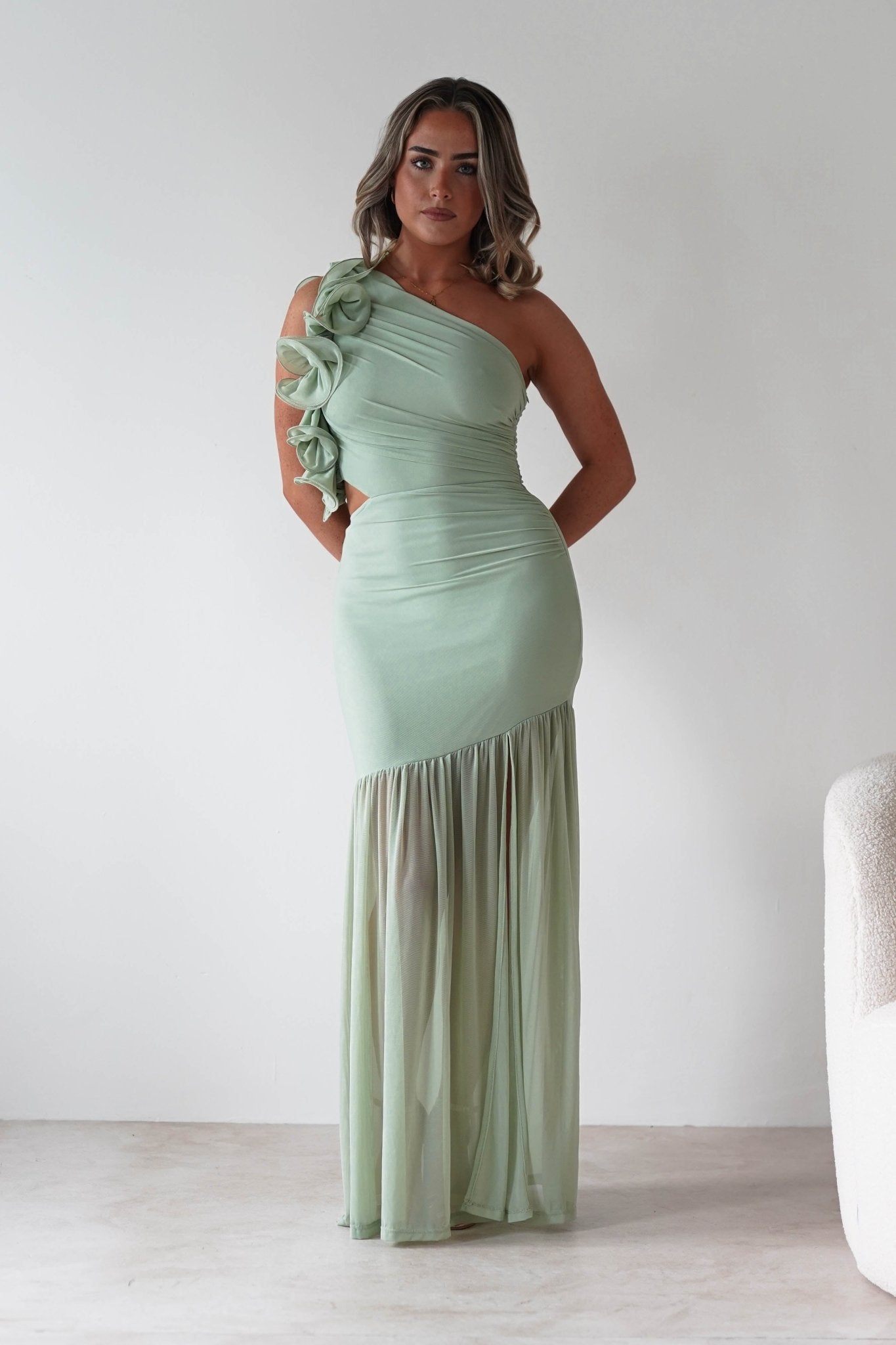 Stephanie Mesh Ruffle Maxi Dress Sage | Wedding Guest Dress | Maxi | Mesh | Oh Hello Clothing