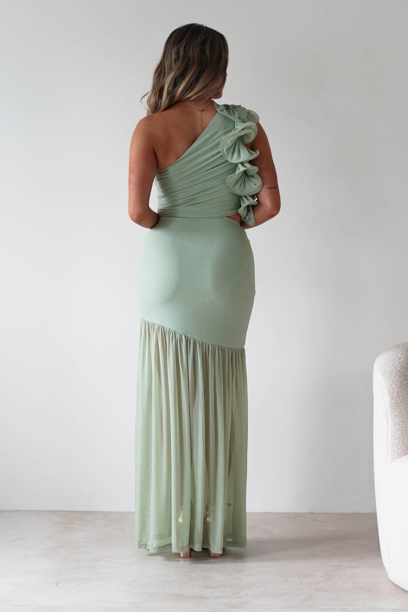 Stephanie Mesh Ruffle Maxi Dress Sage | Wedding Guest Dress | Maxi | Mesh | Oh Hello Clothing