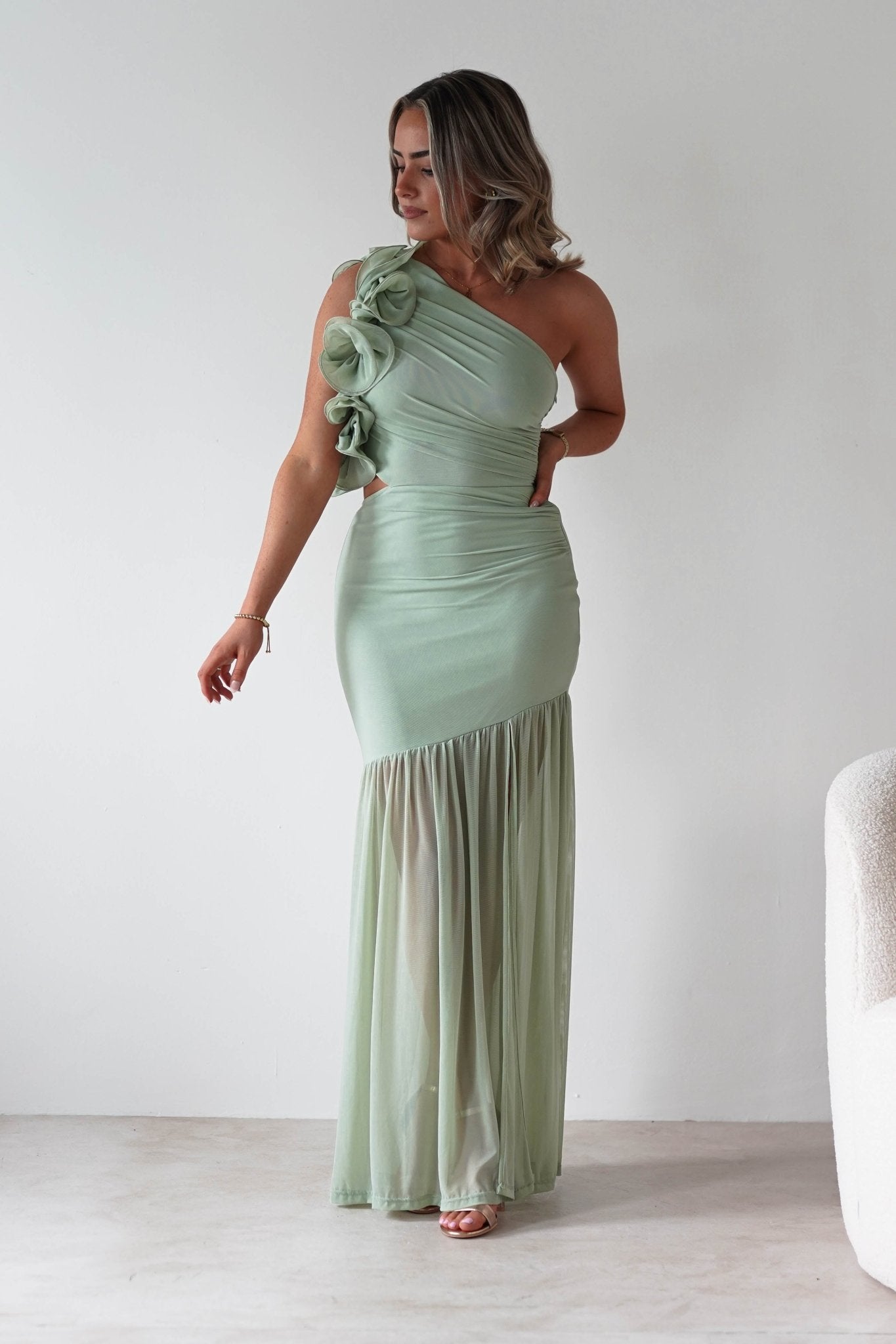 Stephanie Mesh Ruffle Maxi Dress Sage | Wedding Guest Dress | Maxi | Mesh | Oh Hello Clothing