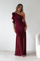 Stephanie Mesh Ruffle Maxi Dress Wine | Wedding Guest Dress | Maxi | Mesh | Oh Hello Clothing