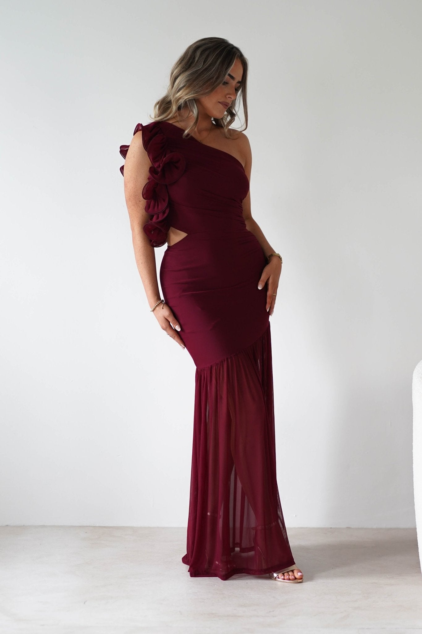 Stephanie Mesh Ruffle Maxi Dress Wine | Wedding Guest Dress | Maxi | Mesh | Oh Hello Clothing