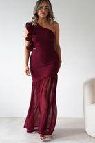 Stephanie Mesh Ruffle Maxi Dress Wine | Wedding Guest Dress | Maxi | Mesh | Oh Hello Clothing