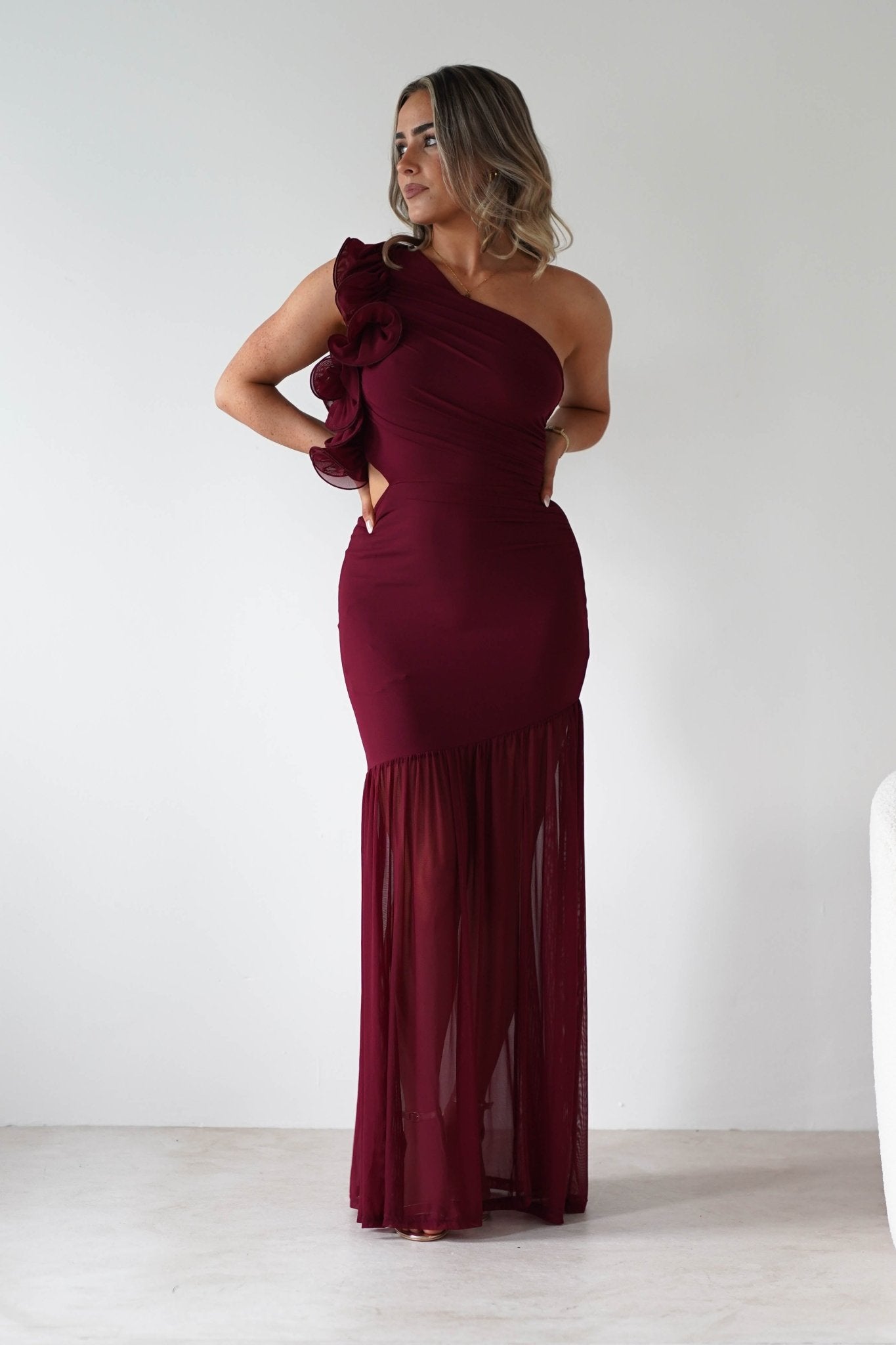 Stephanie Mesh Ruffle Maxi Dress Wine | Wedding Guest Dress | Maxi | Mesh | Oh Hello Clothing