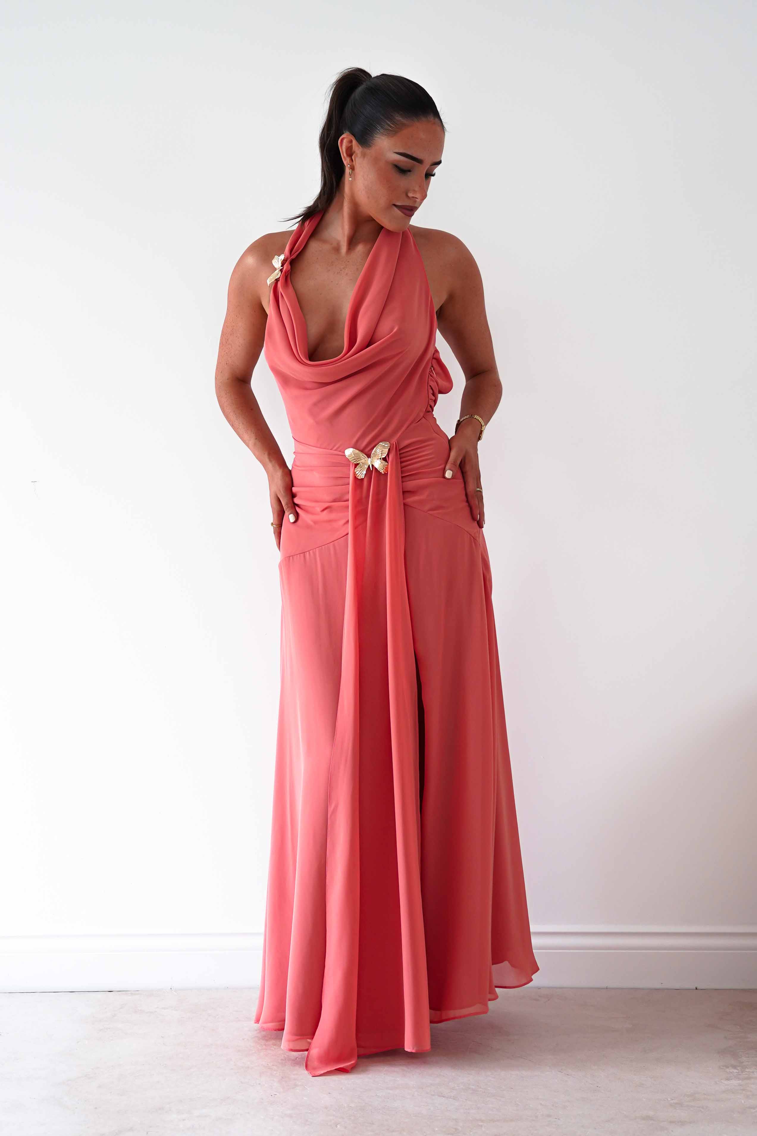 Oh Hello Clothing Women > Clothing > Dresses Summer Draped Halterneck Maxi Dress | Coral