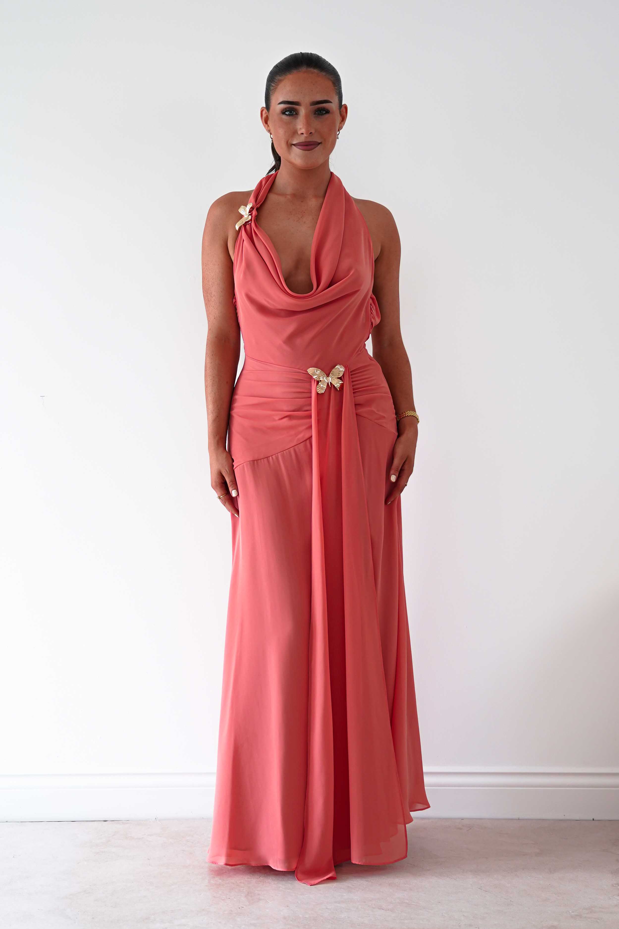 Oh Hello Clothing Women > Clothing > Dresses Summer Draped Halterneck Maxi Dress | Coral