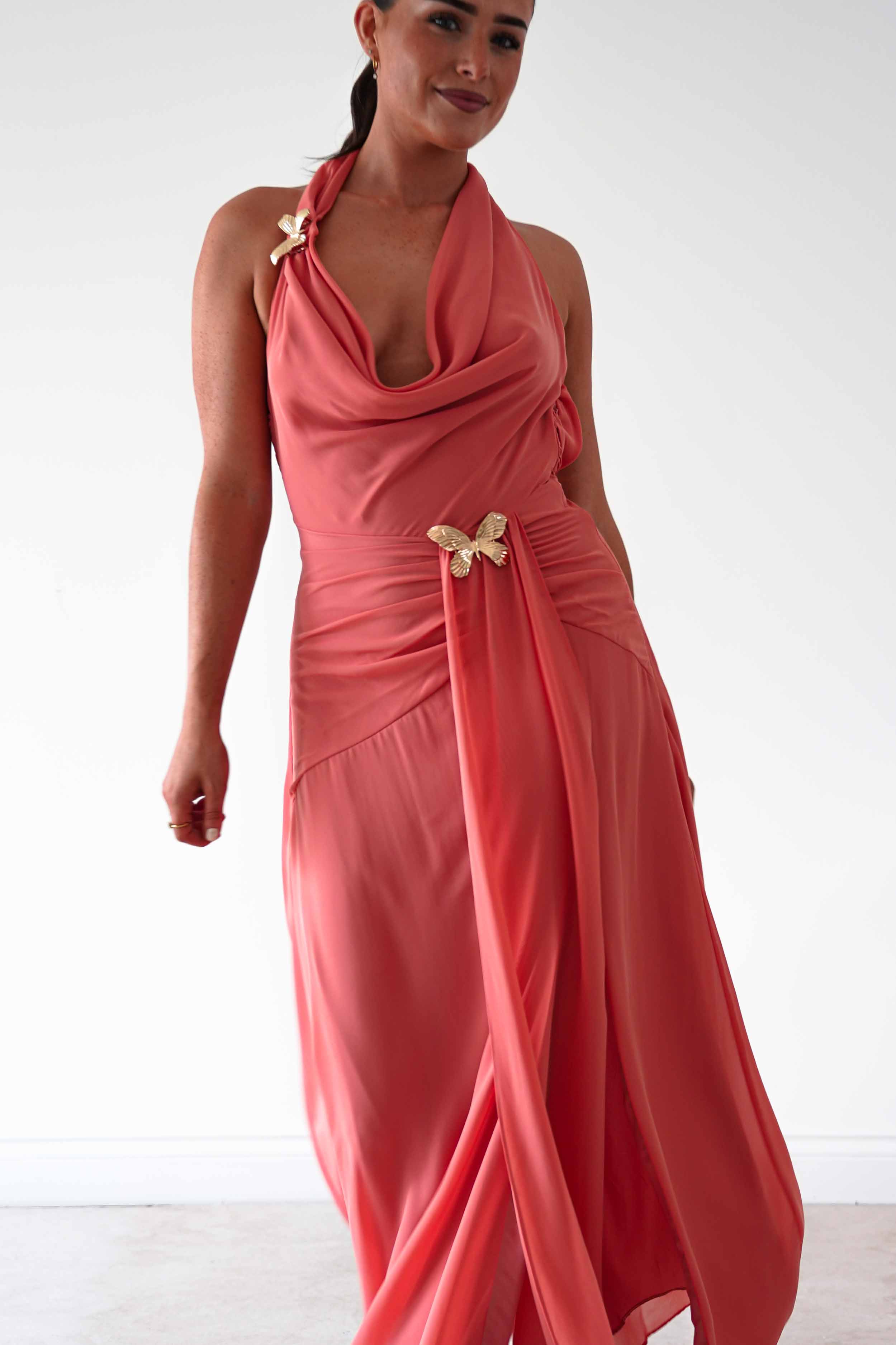 Oh Hello Clothing Women > Clothing > Dresses Summer Draped Halterneck Maxi Dress | Coral
